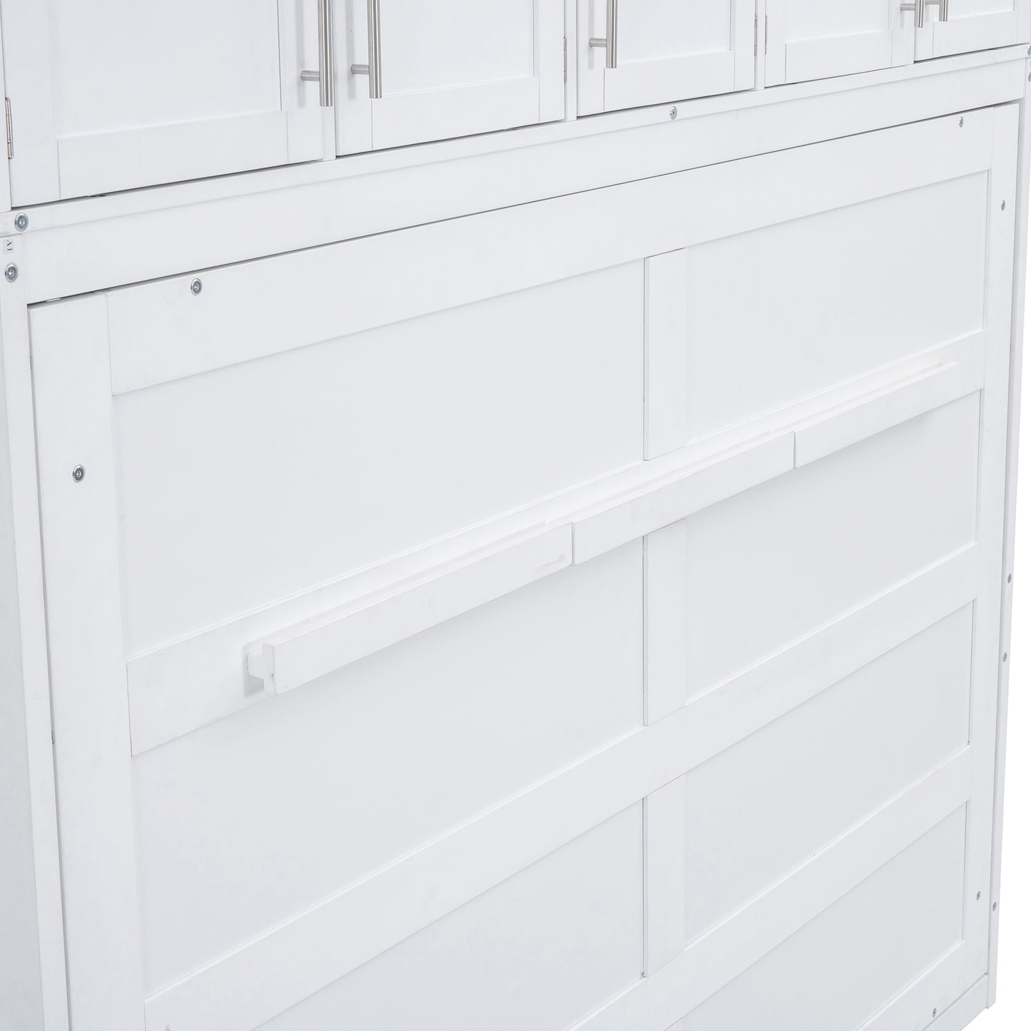 White wooden Murphy bed with clean lines and brushed nickel hardware