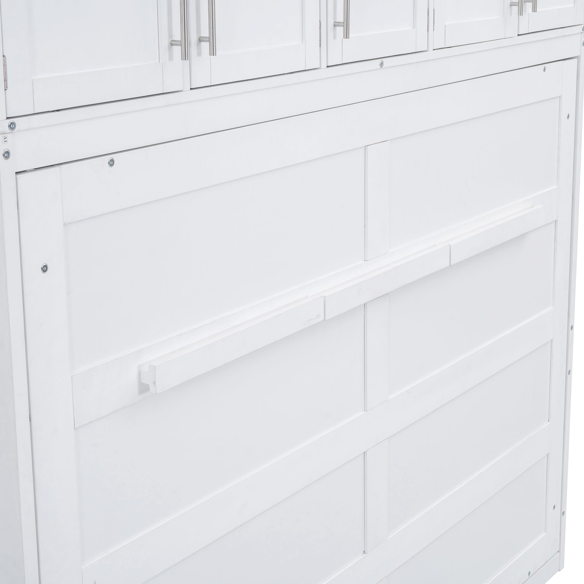 White wooden Murphy bed with clean lines and brushed nickel hardware