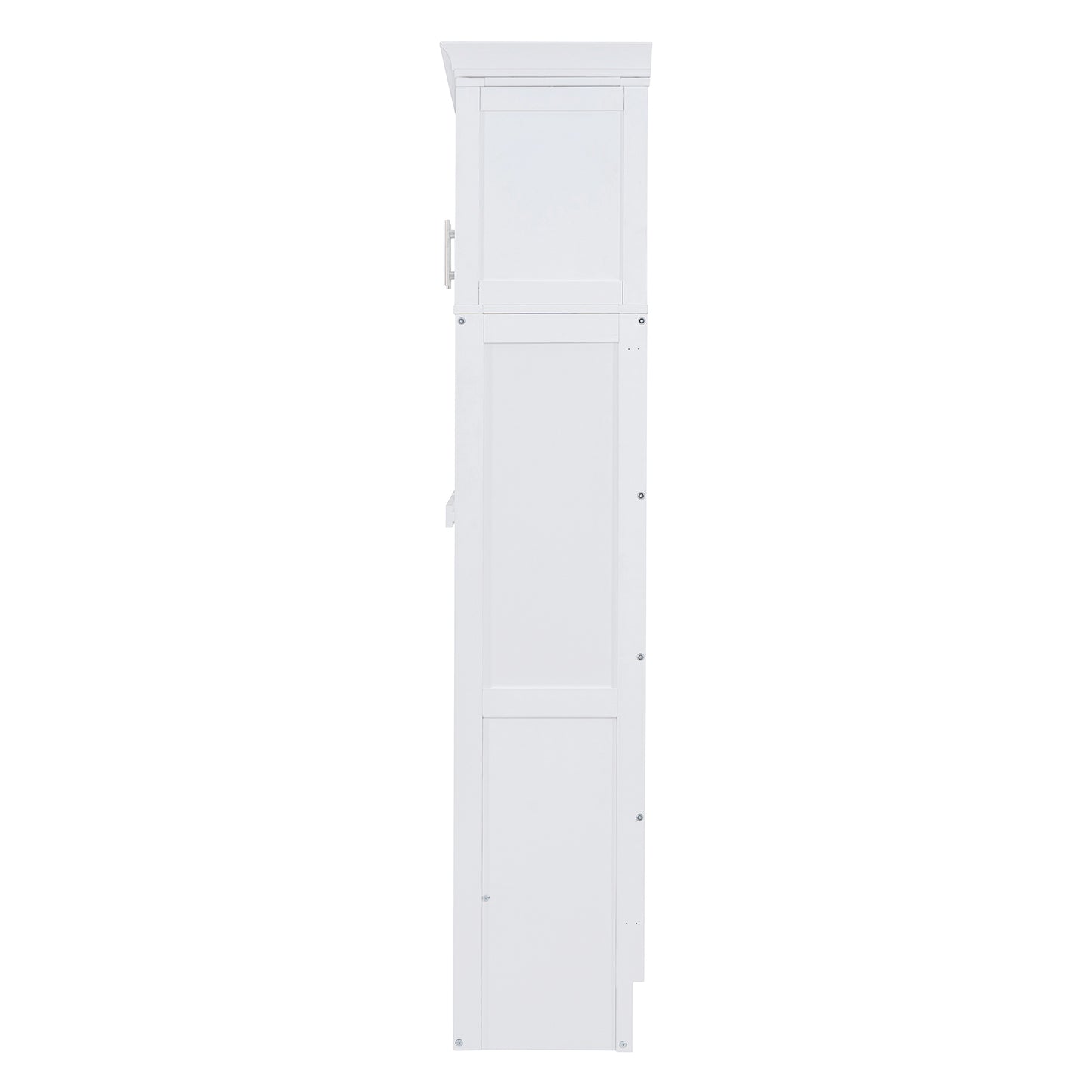White wooden tall cabinet side view with paneled doors and silver handle