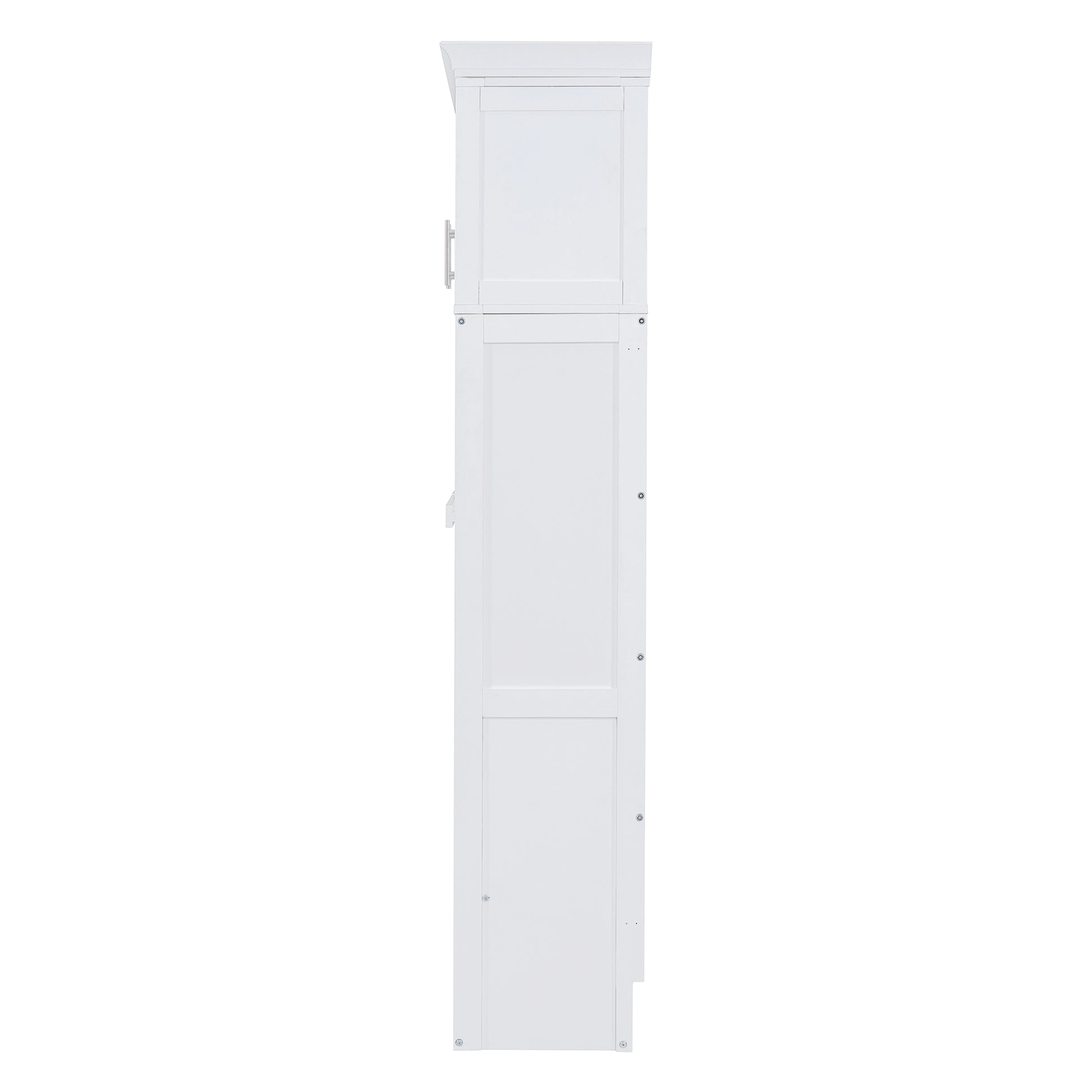 White wooden tall cabinet side view with paneled doors and silver handle