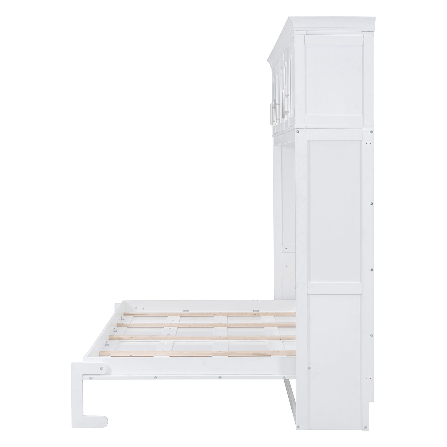 White wooden bed frame with integrated storage headboard and slats