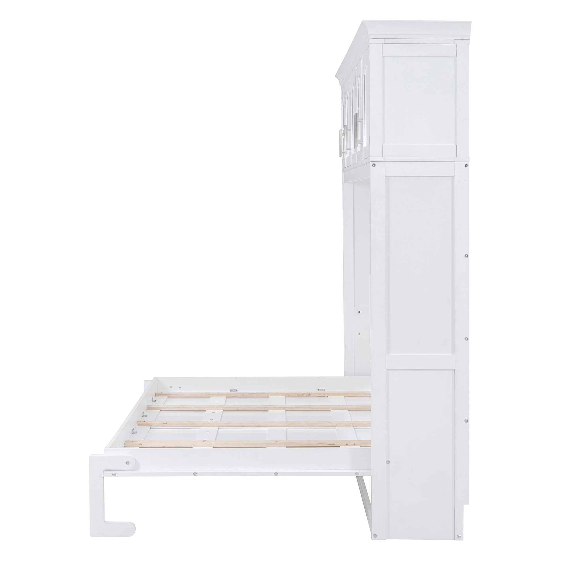 White wooden bed frame with integrated storage headboard and slats