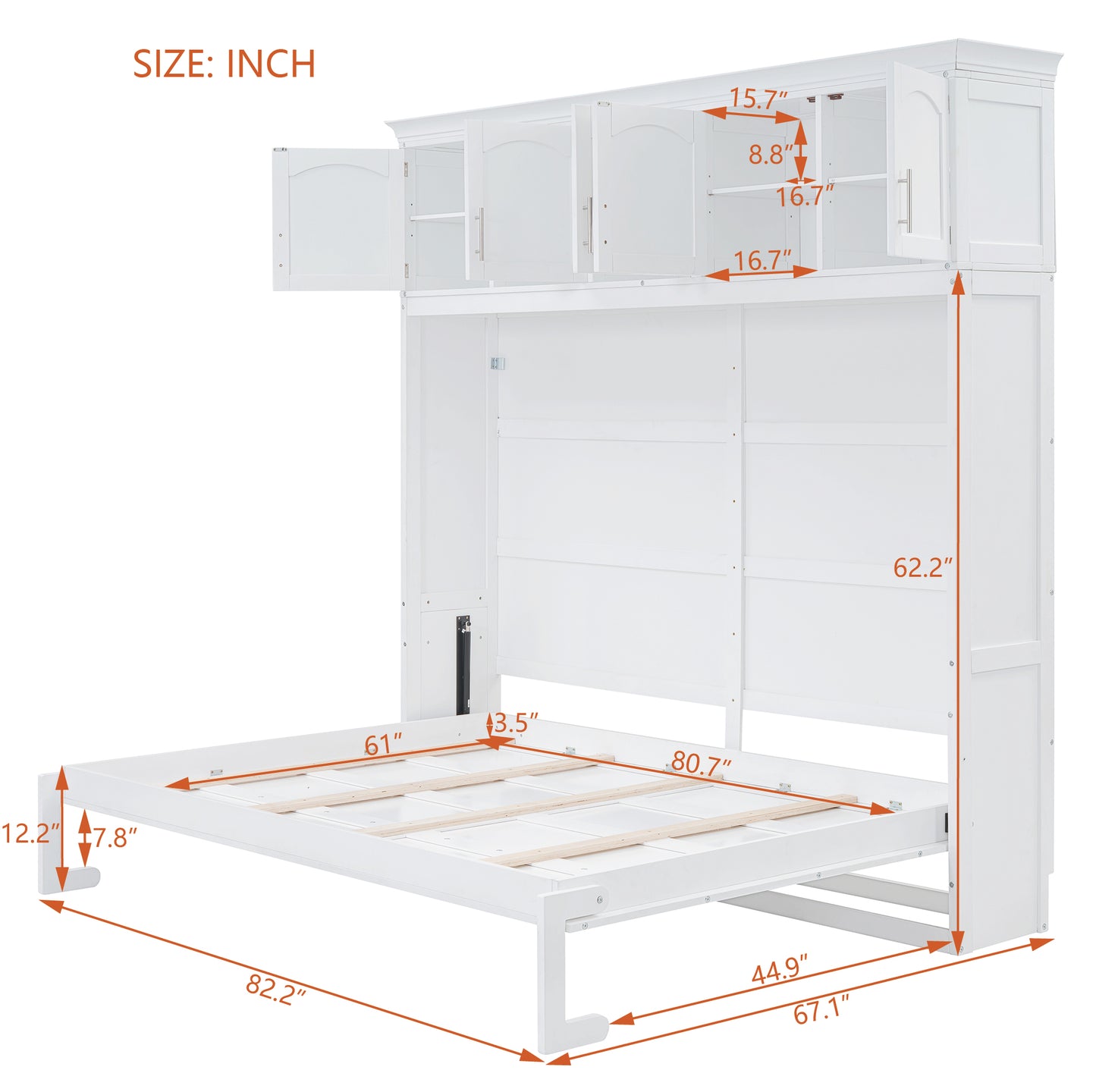 White wooden bed frame with attached overhead cabinet storage and size indicators