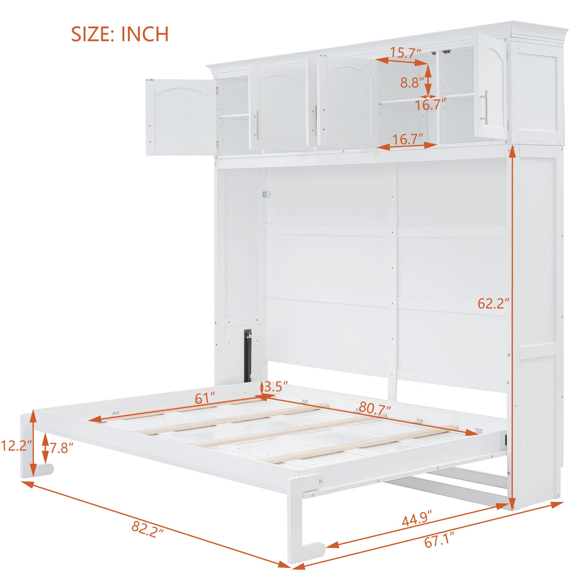 White wooden bed frame with attached overhead cabinet storage and size indicators