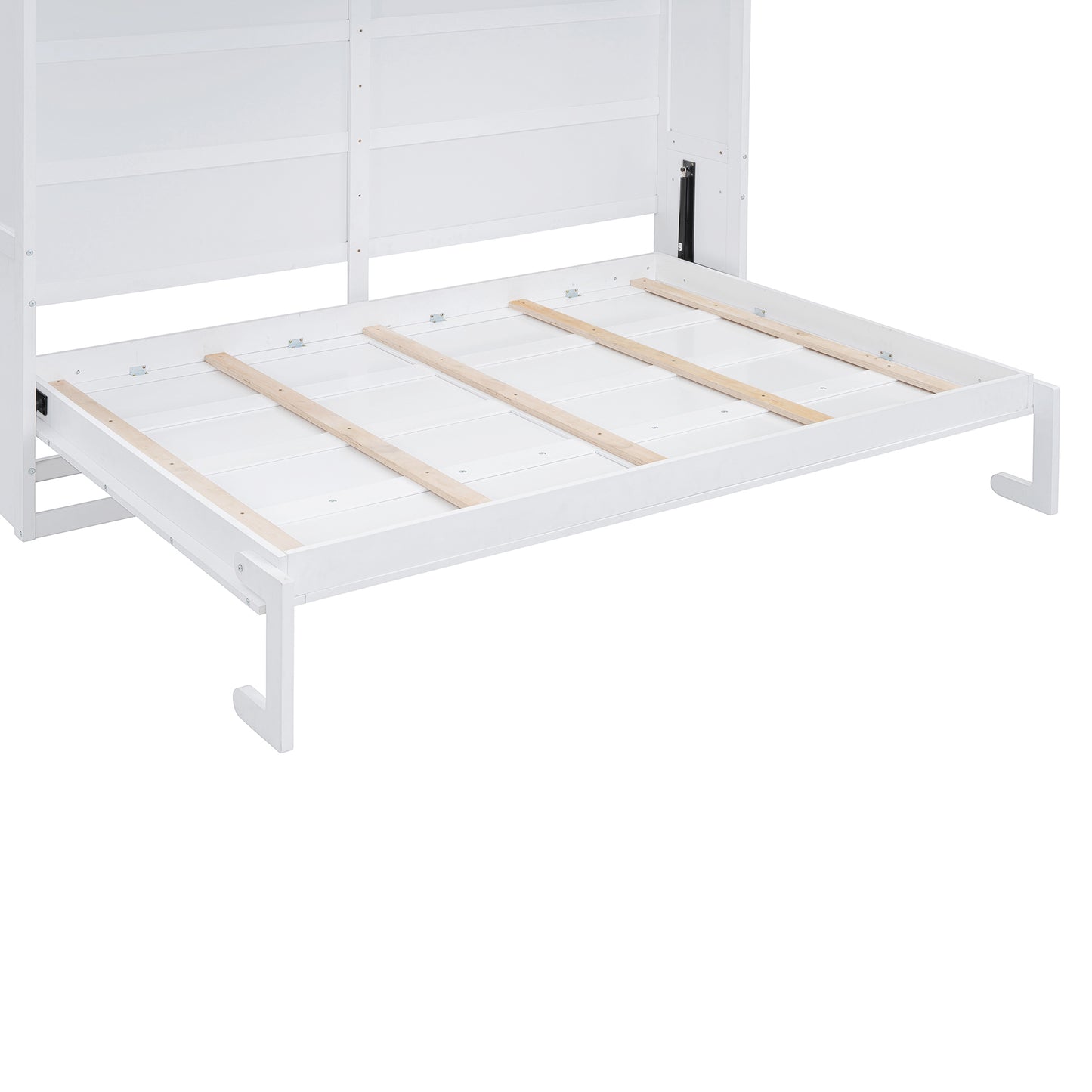 White wooden bed frame with pullout bed extended