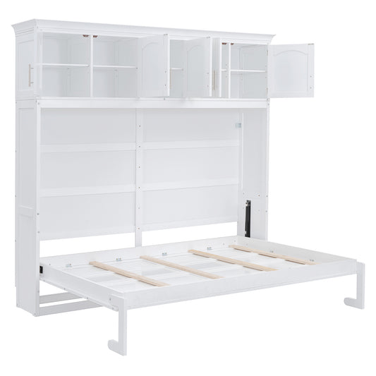 White storage murphy bed with open shelves and cabinet doors