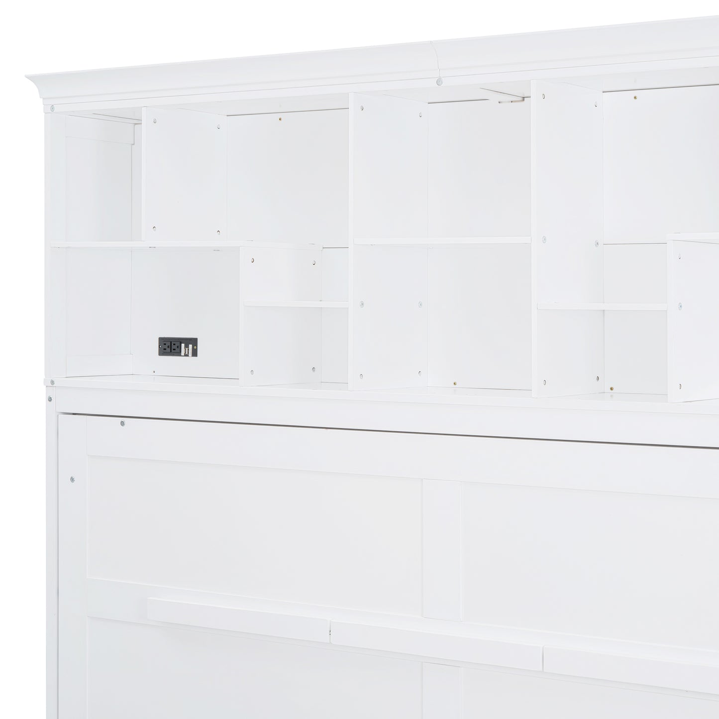 White wood headboard with integrated shelving and charging station