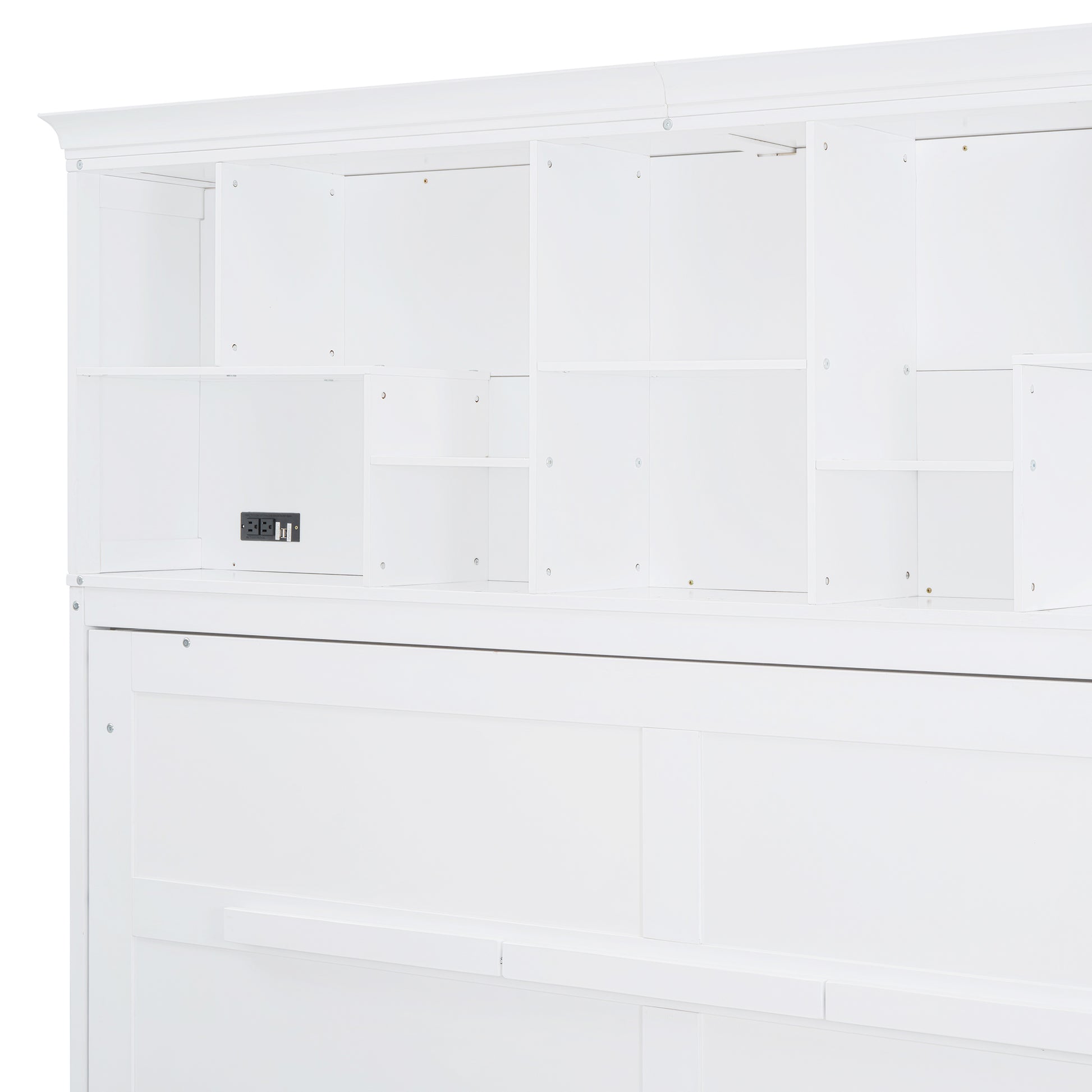 White wood headboard with integrated shelving and charging station