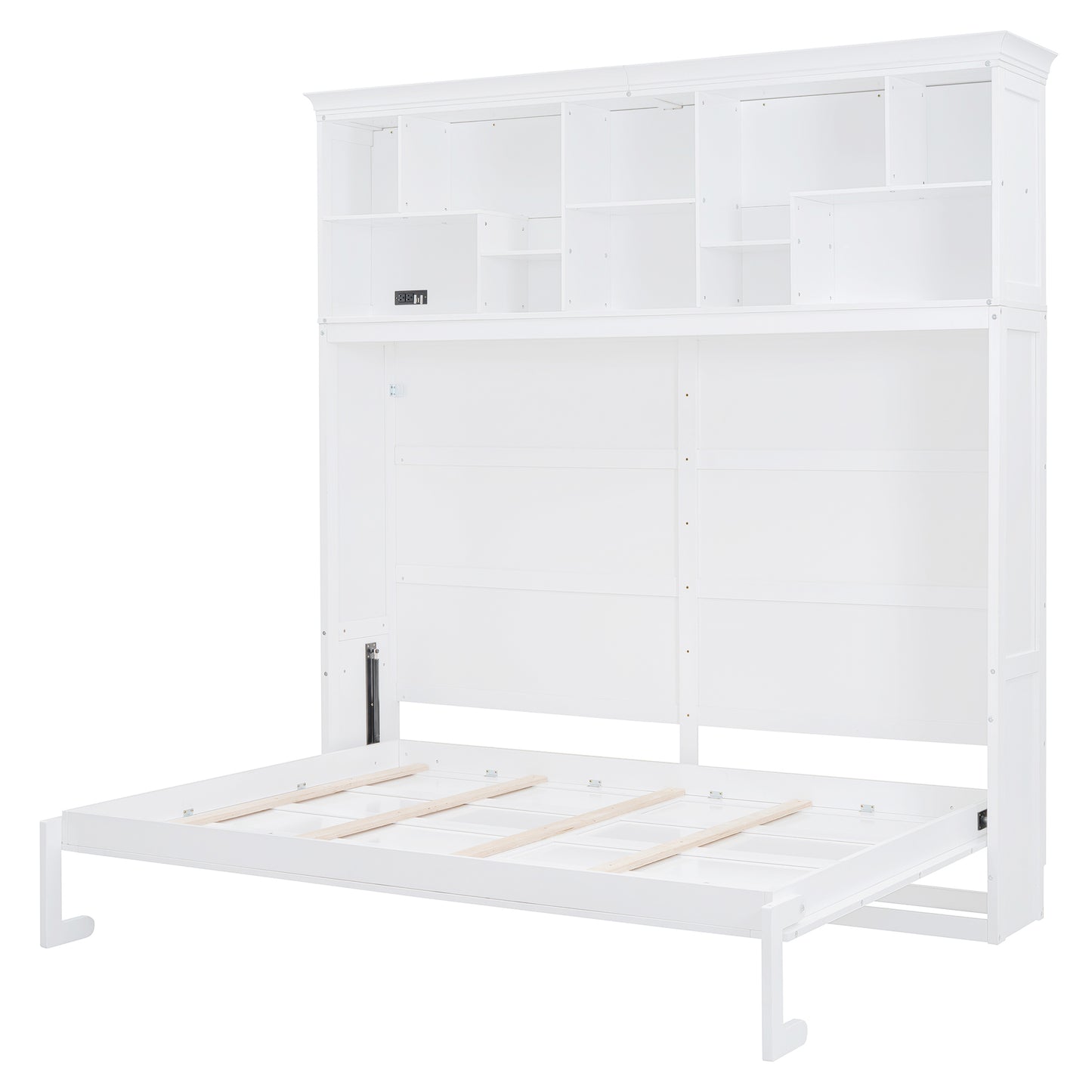 White Murphy bed with builtin shelves and USB ports