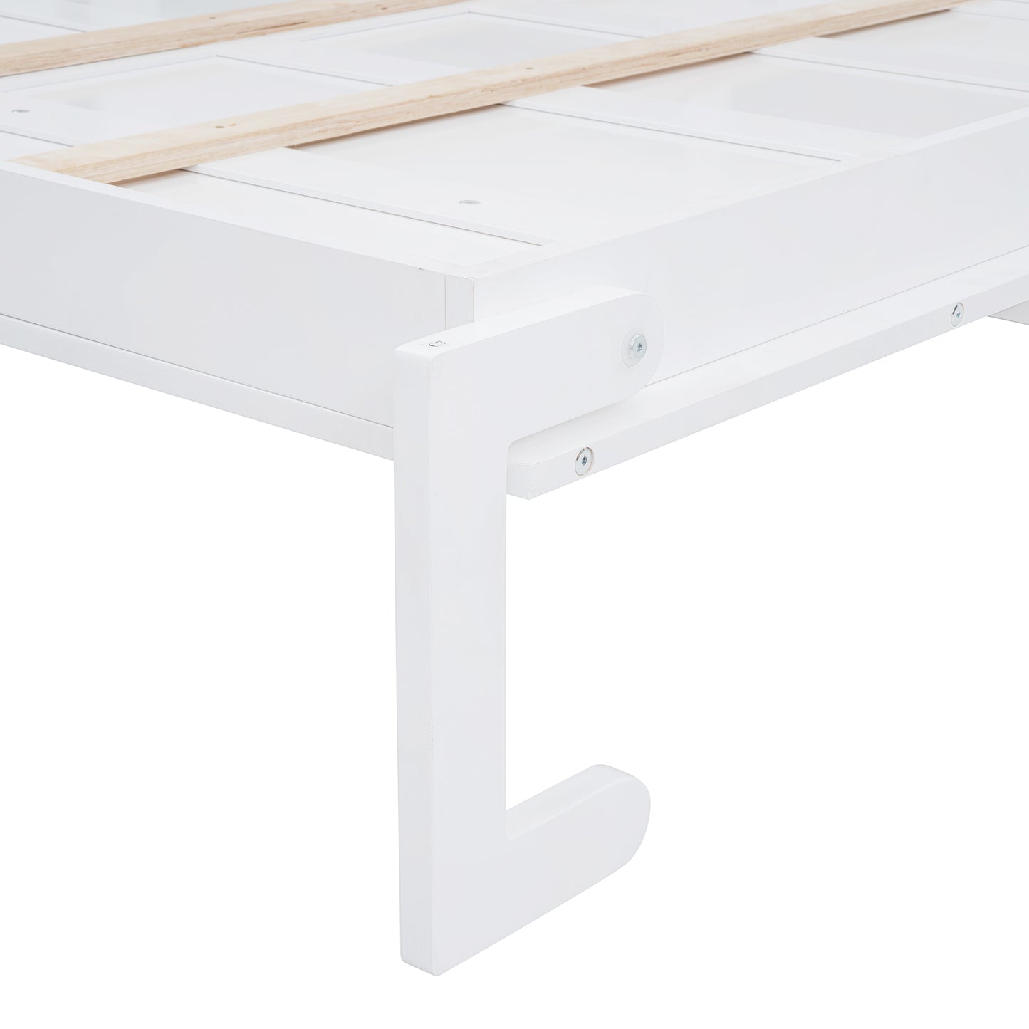 White wooden bed frame detail with slatted support system