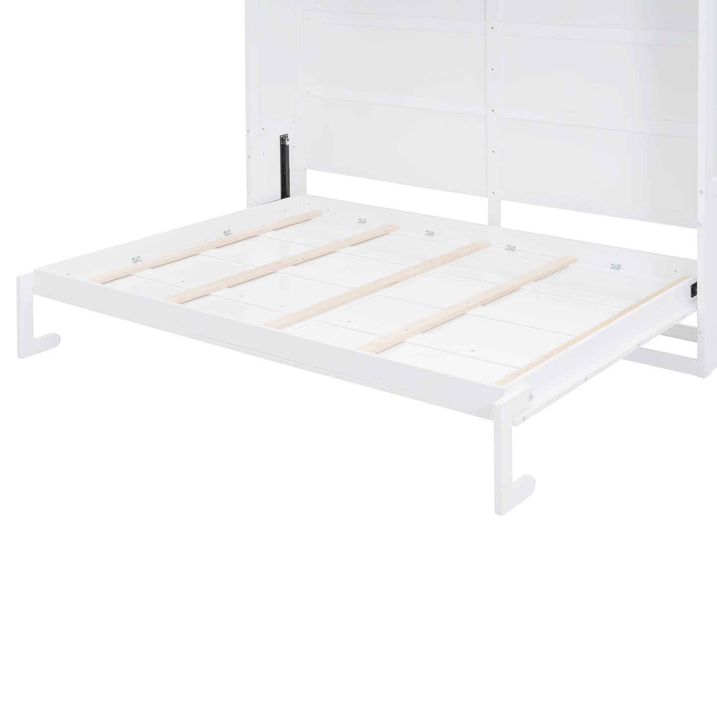 White twin bed frame with wooden slats for mattress support