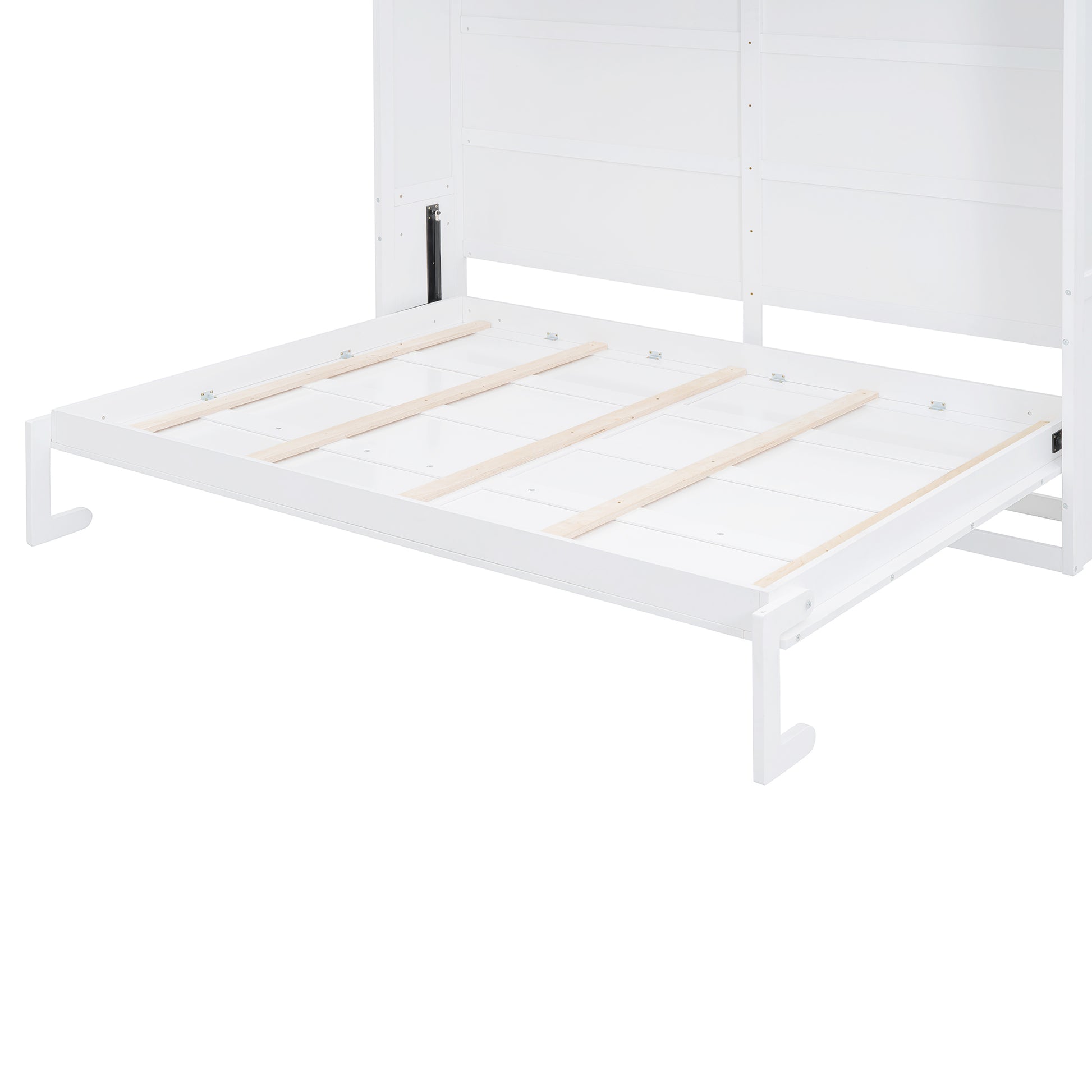 White twin bed frame with wooden slats for mattress support