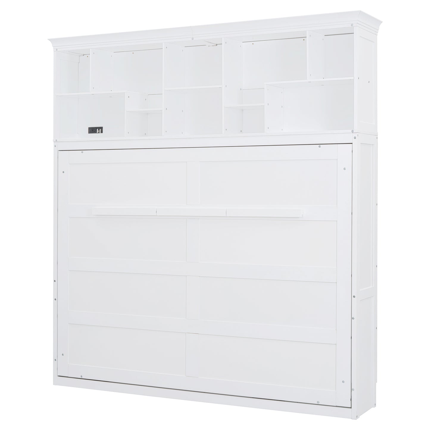 White Murphy bed with attached shelving unit and power outlets