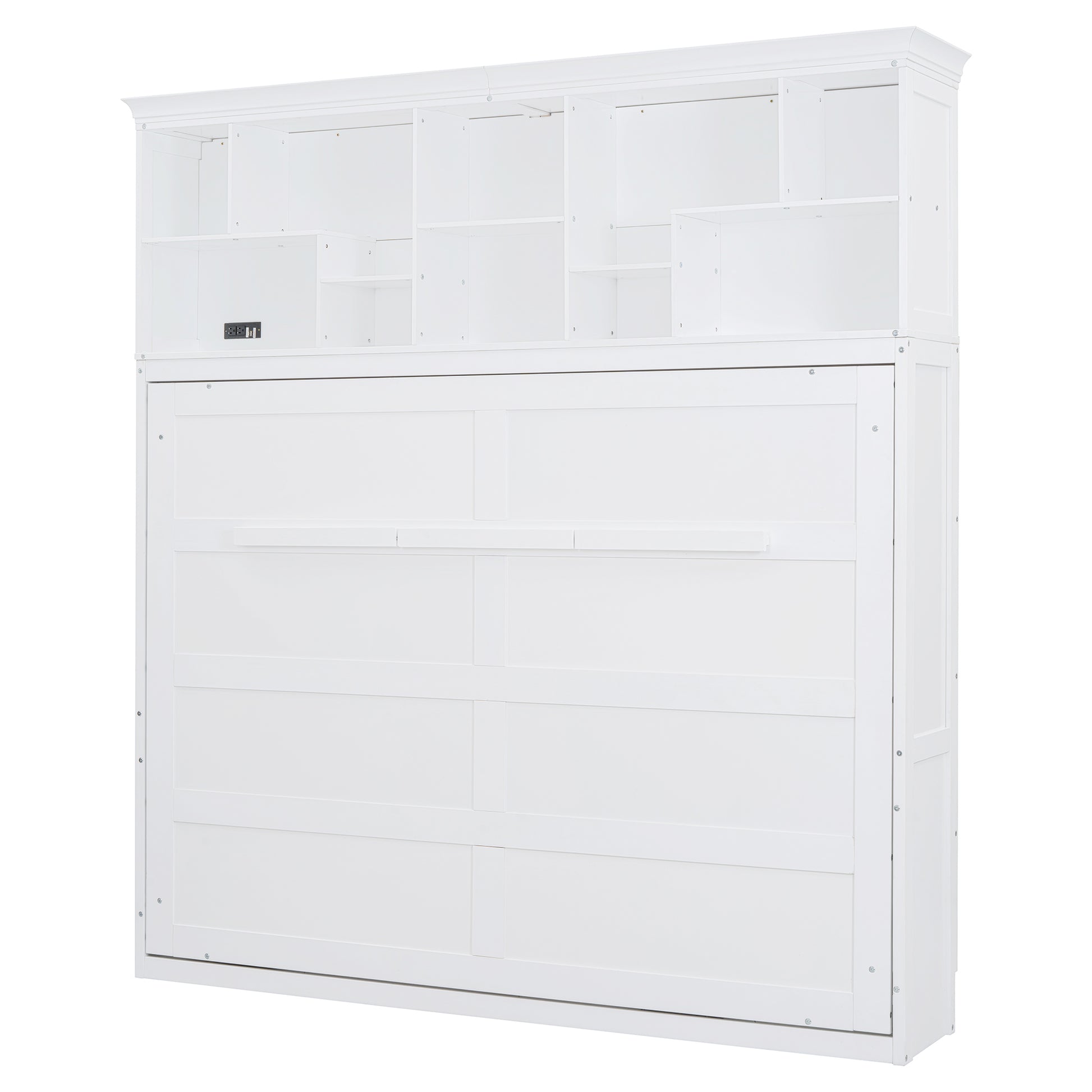 White Murphy bed with attached shelving unit and power outlets