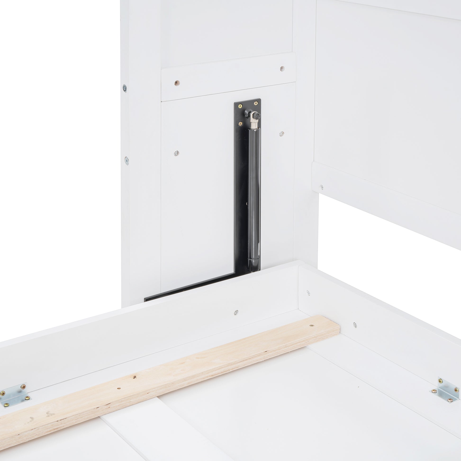 White wooden bed frame detail showing hydraulic lift mechanism and slatted base