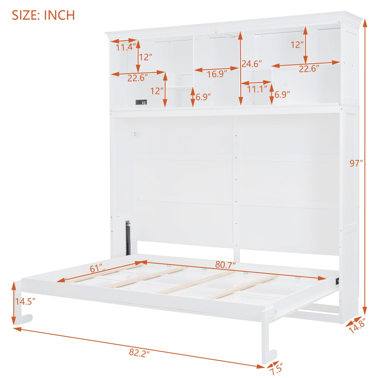White Murphy bed frame with builtin shelves and dimensions