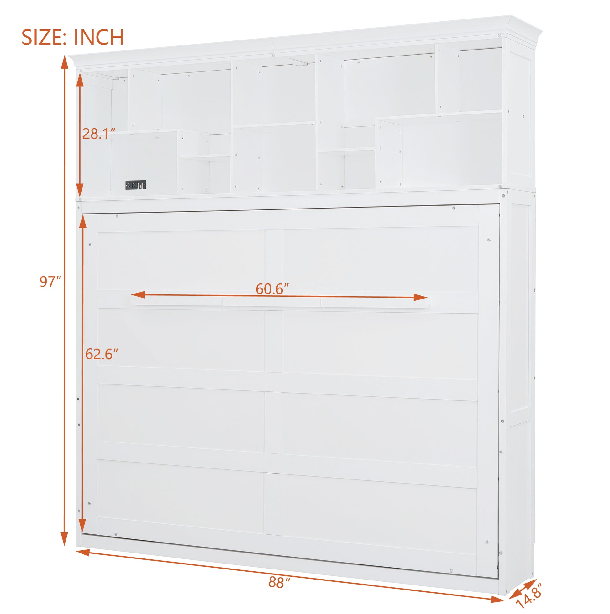 White murphy bed with builtin shelving unit measuring  inches tall and  inches wide