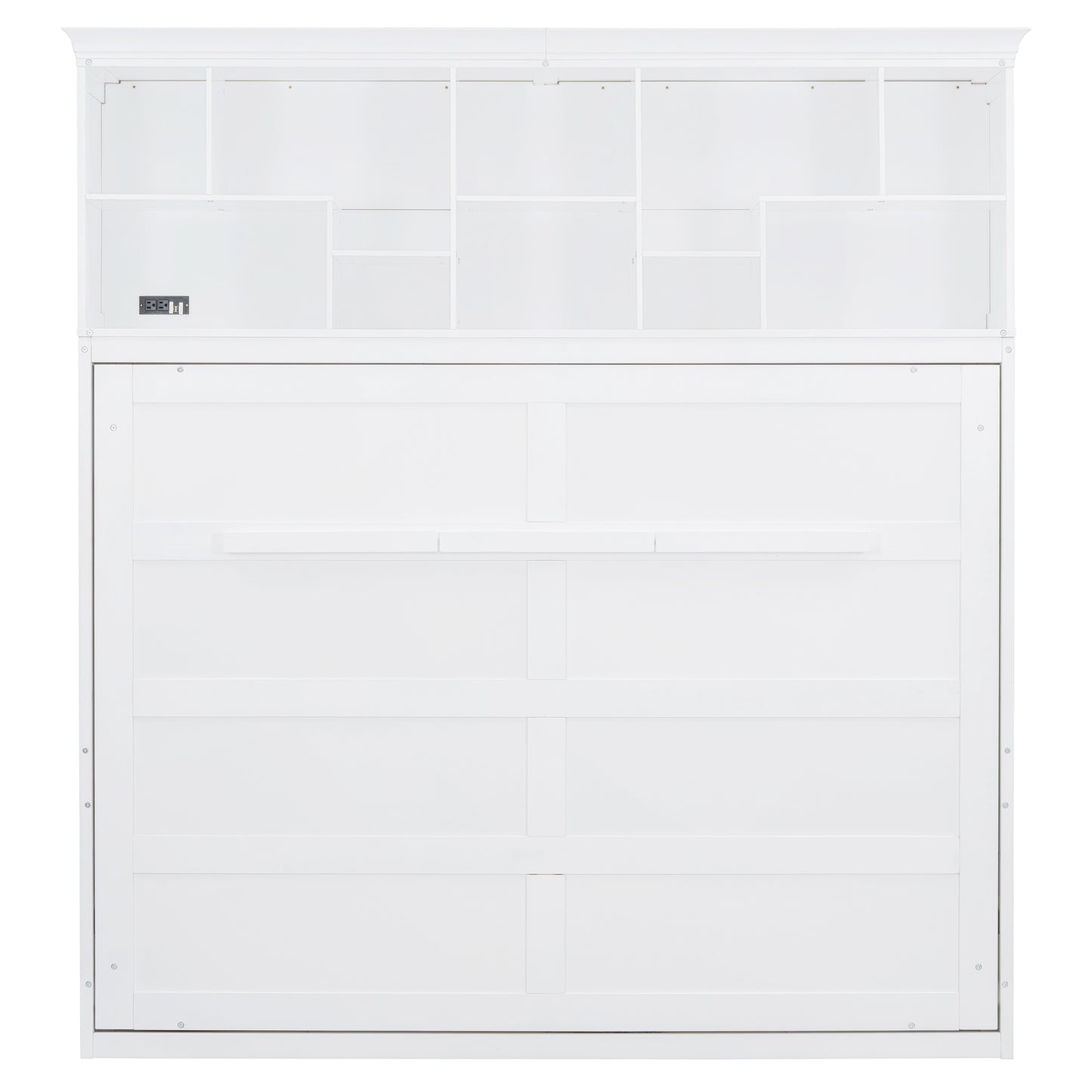White slat wall bookshelf with multiple cubbies and integrated outlets for easy charging
