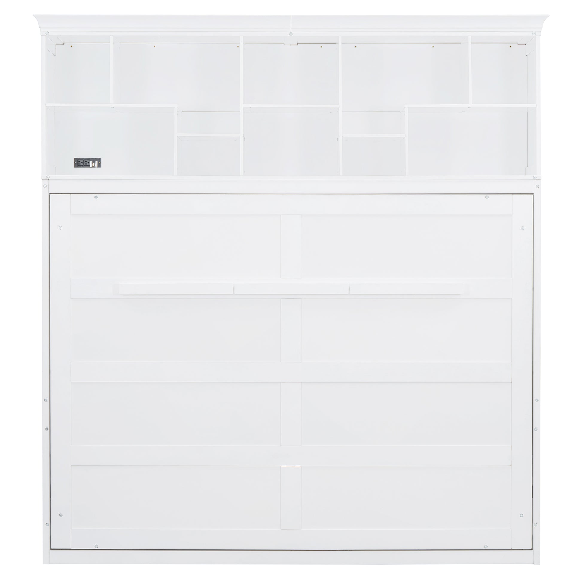 White slat wall bookshelf with multiple cubbies and integrated outlets for easy charging