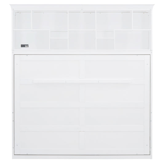 White slat wall bookshelf with multiple cubbies and integrated outlets for easy charging