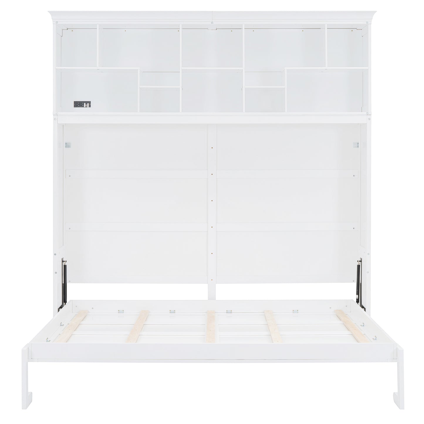 White wood bed frame with integrated bookshelf headboard and power outlets