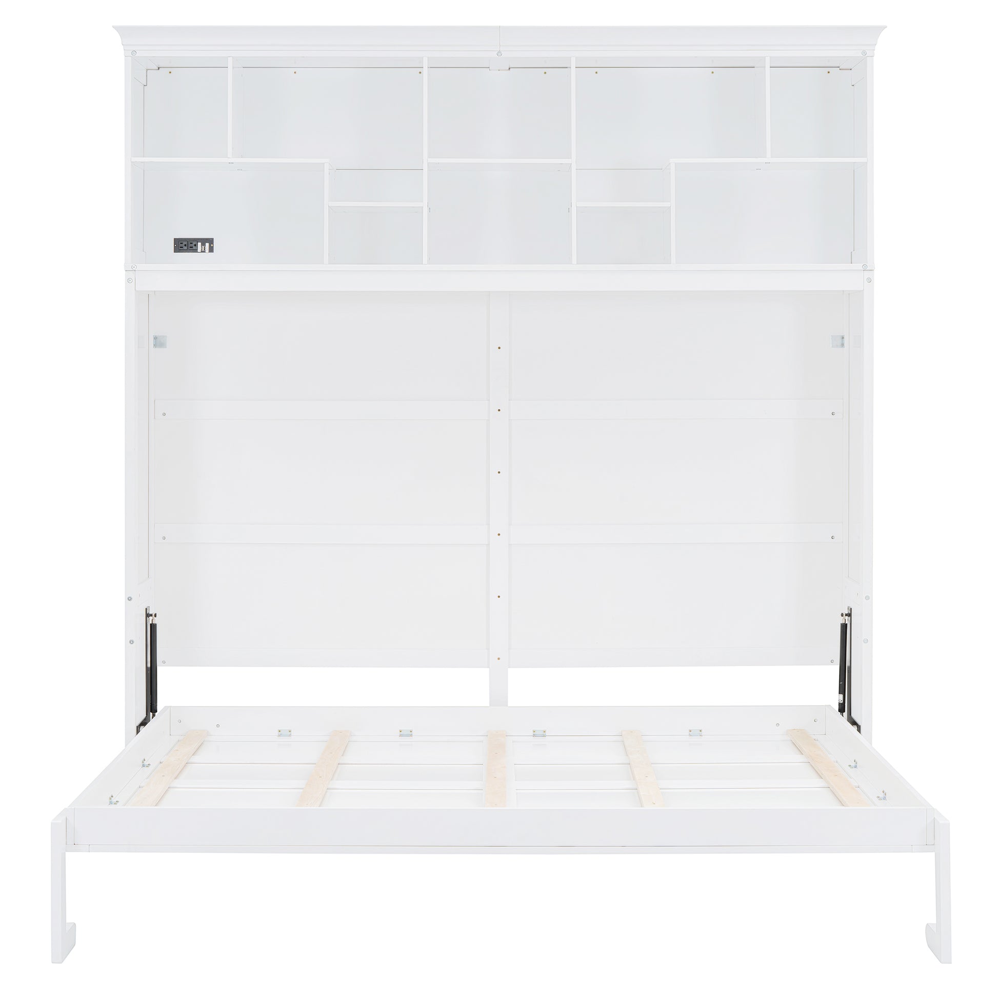 White wood bed frame with integrated bookshelf headboard and power outlets