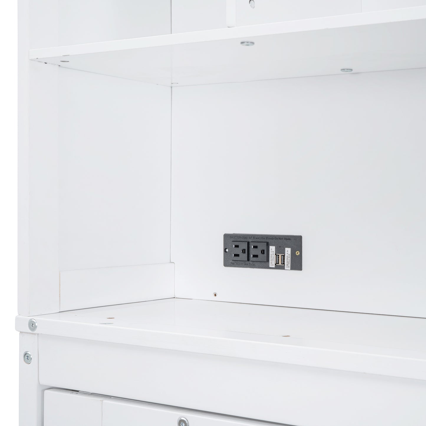 White storage unit with integrated power outlet