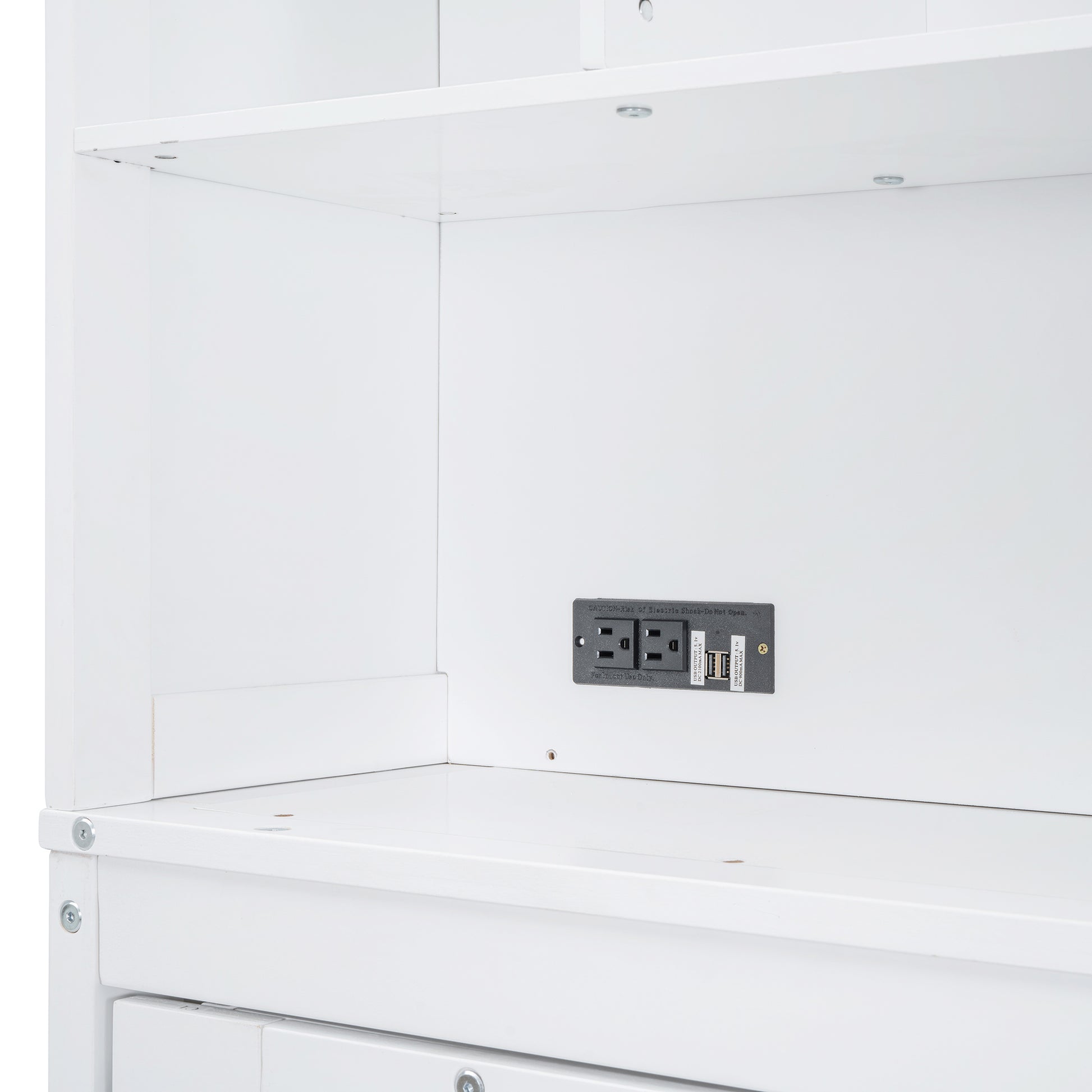 White storage unit with integrated power outlet