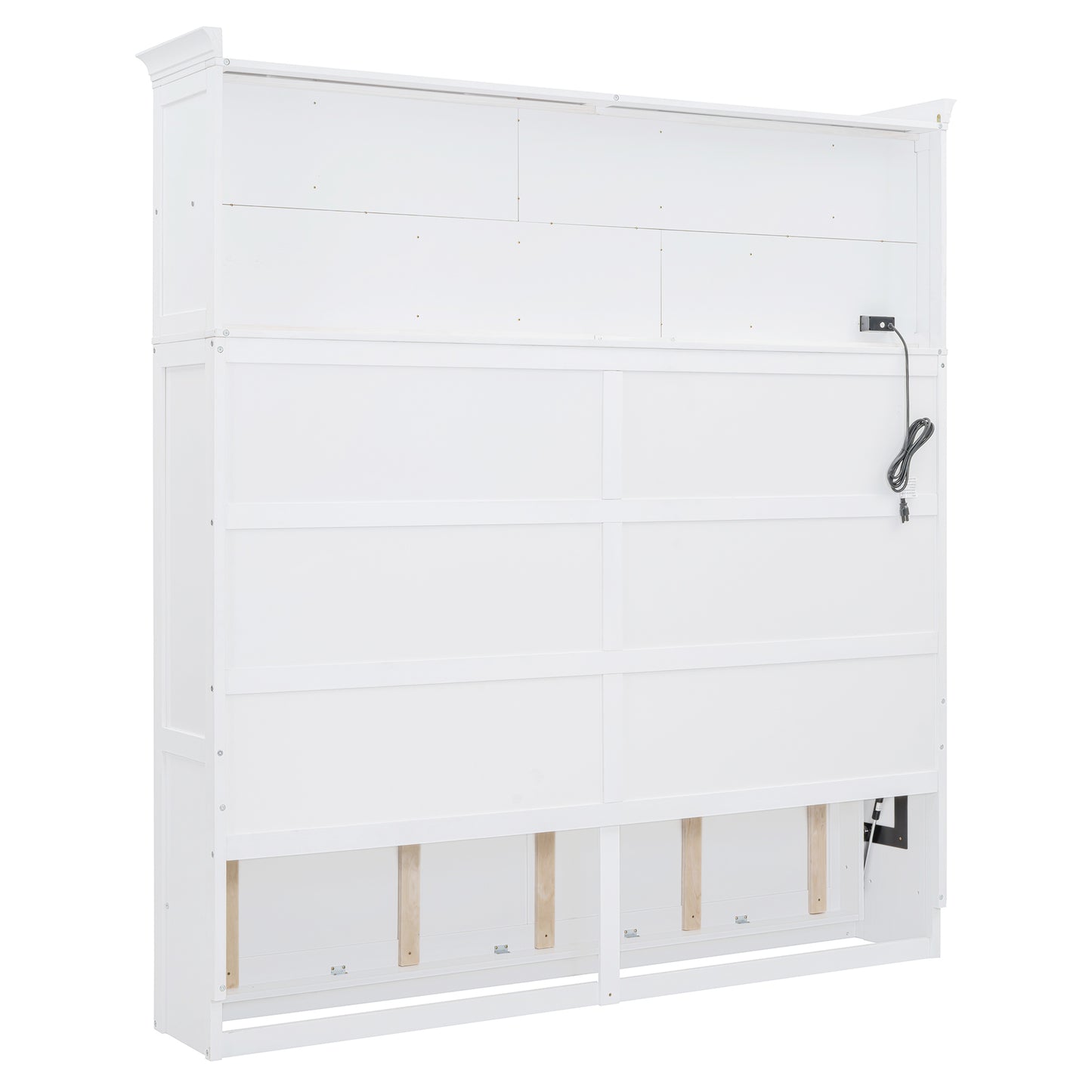 White wooden headboard with decorative trim and integrated power outlet