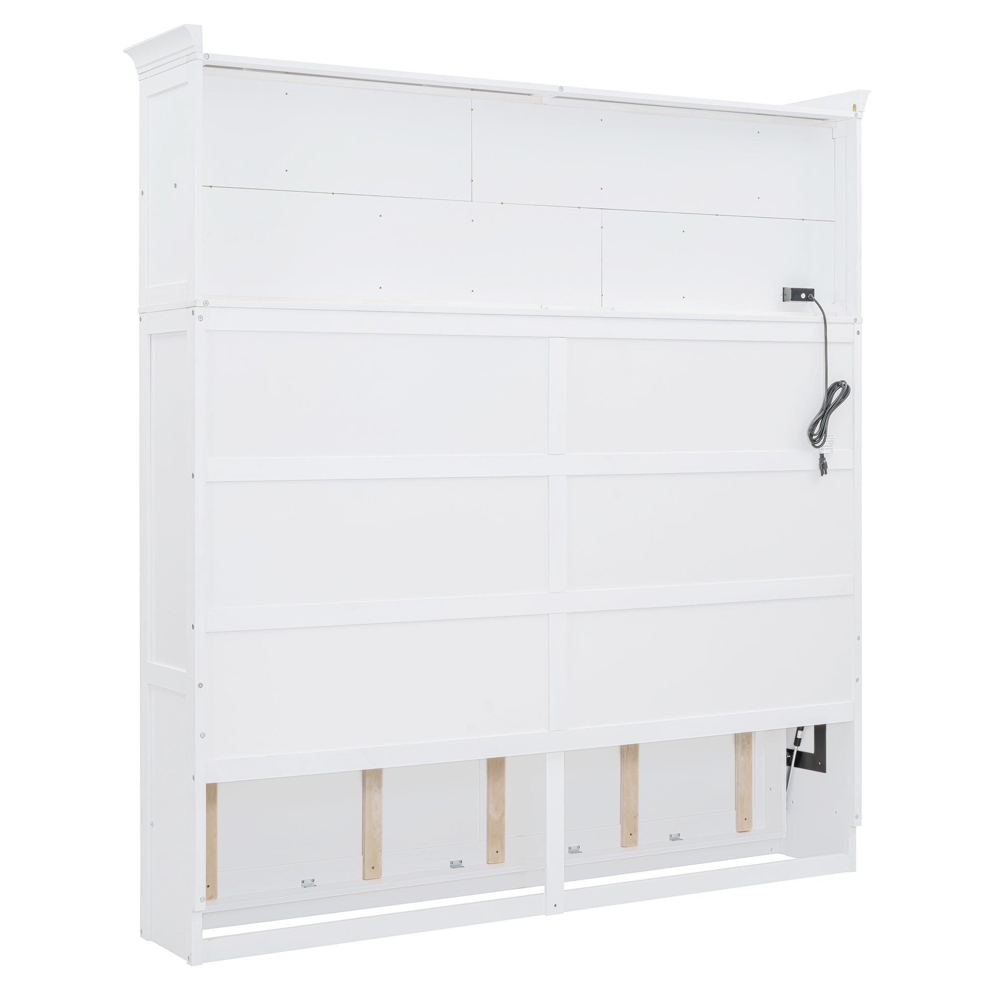 White wooden headboard with decorative trim and integrated power outlet