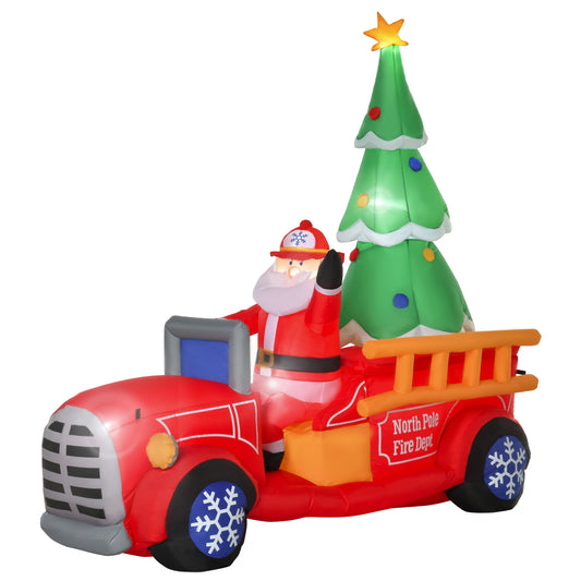 Inflatable Santa in red fire truck with Christmas tree perfect for holiday yard decor