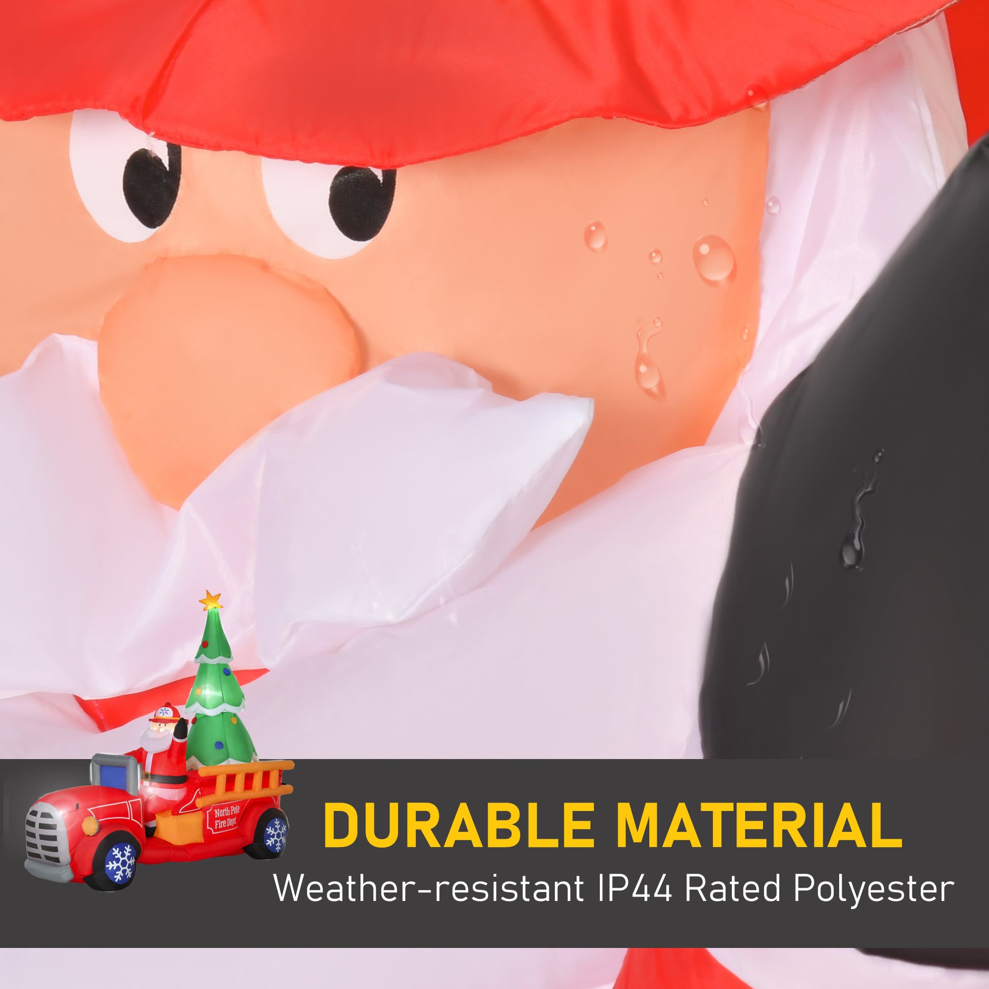 Closeup of a jolly inflatable Santa figure with a red hat and a festive truck