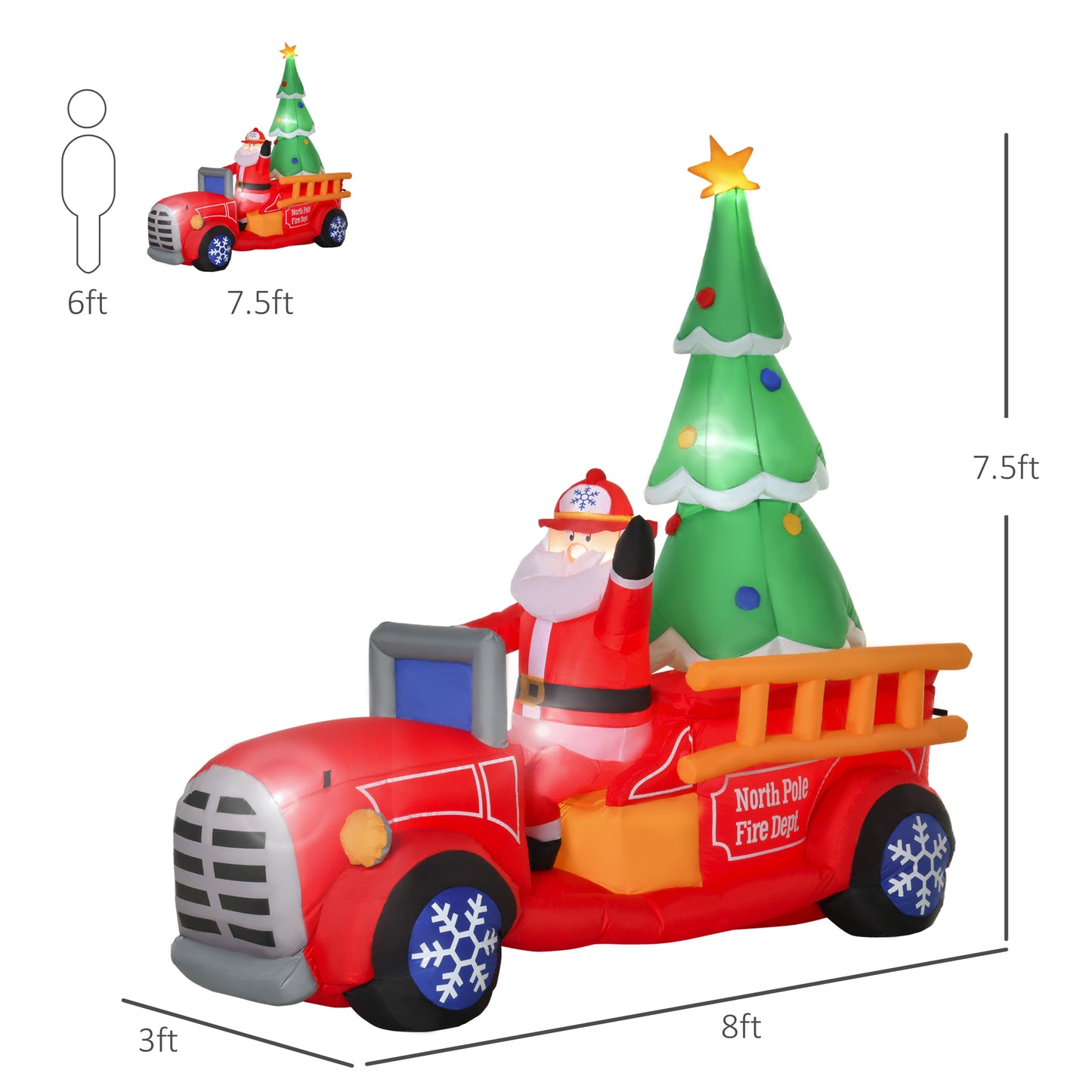 Inflatable Santa driving a red fire truck with a Christmas tree ft tall