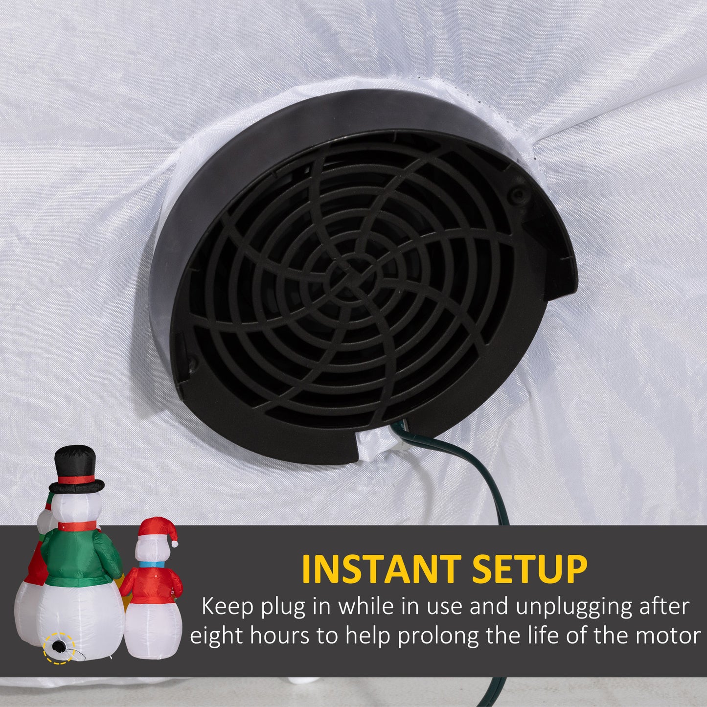 Closeup of a powerful fan for an inflatable Christmas decoration ensuring quick setup