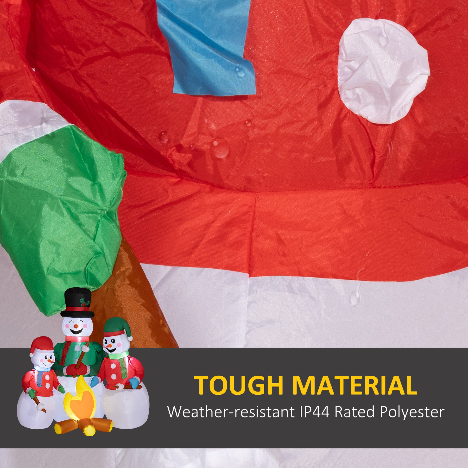 Inflatable snowman family with campfire red green and white polyester