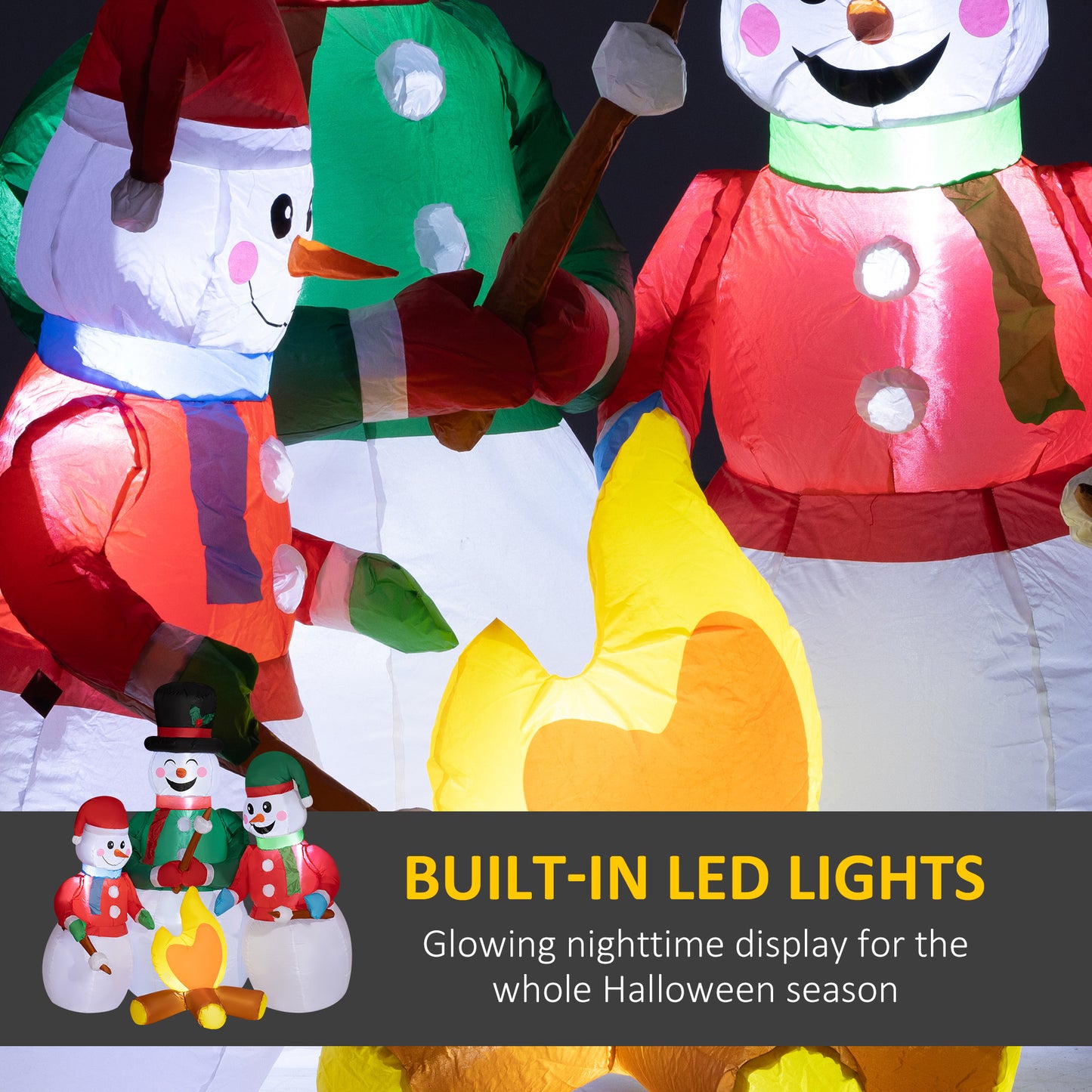 Three illuminated inflatable snowmen gather around a campfire for festive holiday decor