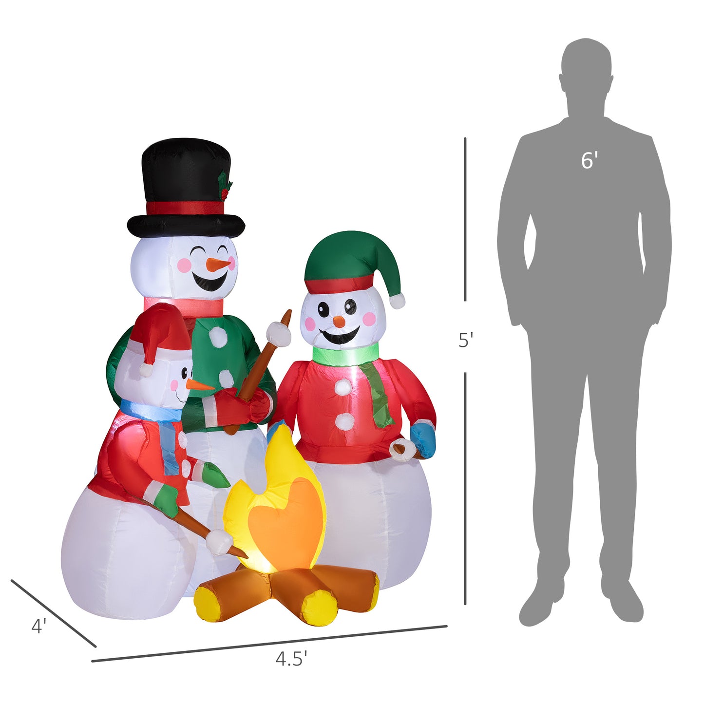 foot tall inflatable snowman family by a campfire perfect for holiday yard decor