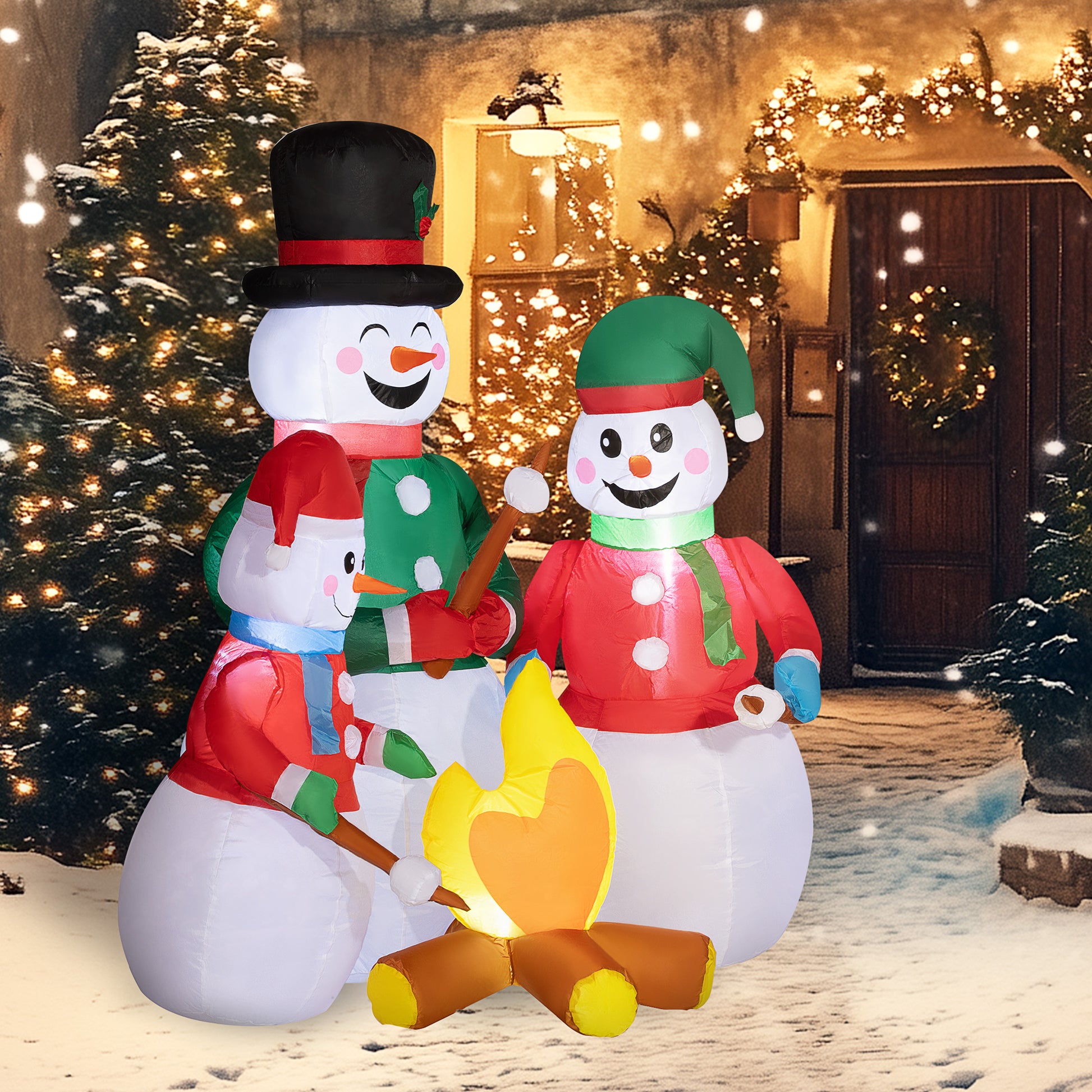 Three cheerful inflatable snowmen by a festive fireplace perfect for yard decor