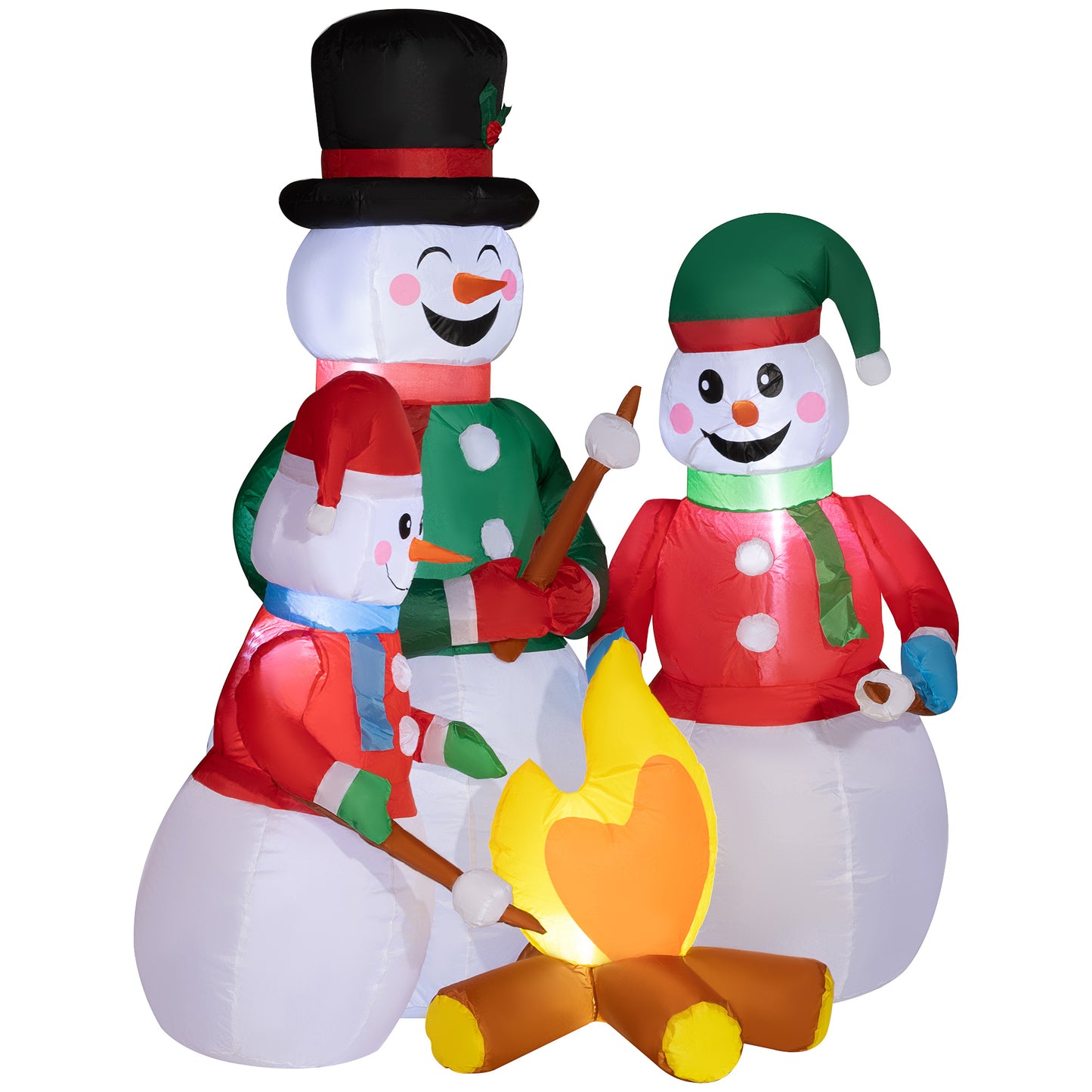 Three cheerful inflatable snowmen around a campfire perfect for Christmas yard decor