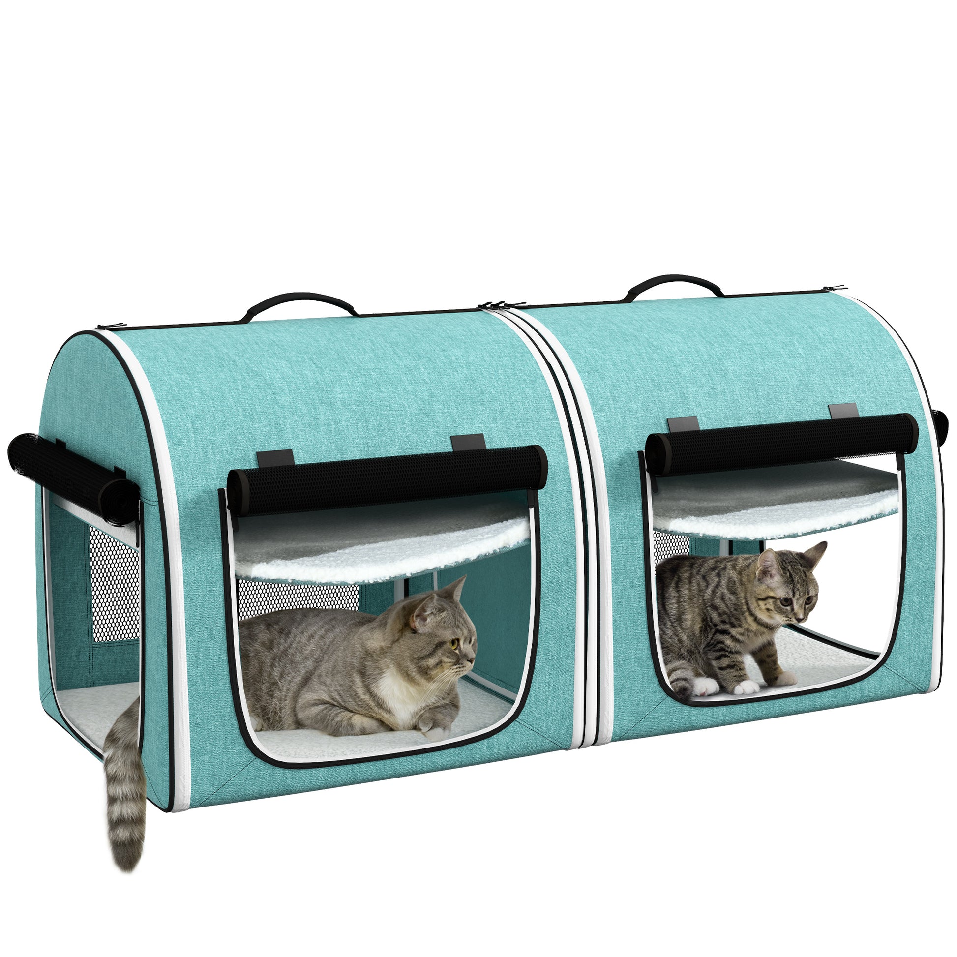 Twocompartment teal pet carrier with soft bedding and mesh ventilation for travel