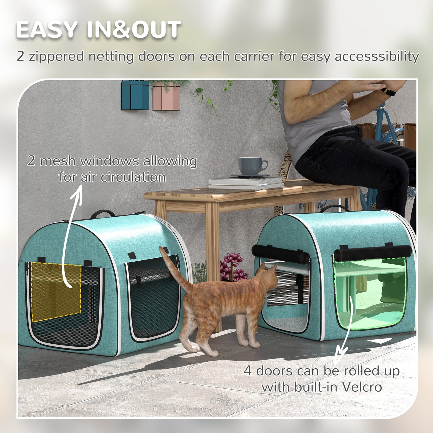 Teal pet carrier with mesh windows and two zippered netting doors for ventilation