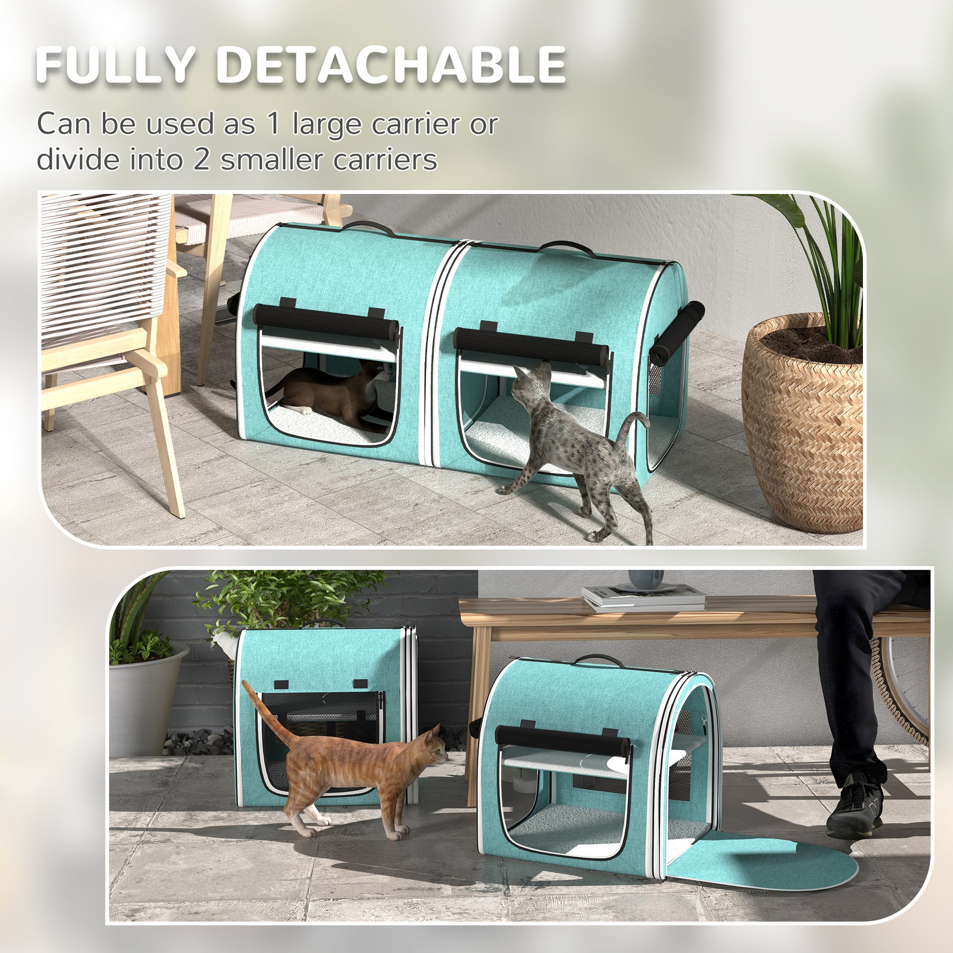 Teal dual pet carrier fully detachable for versatile use as one large or two small carriers