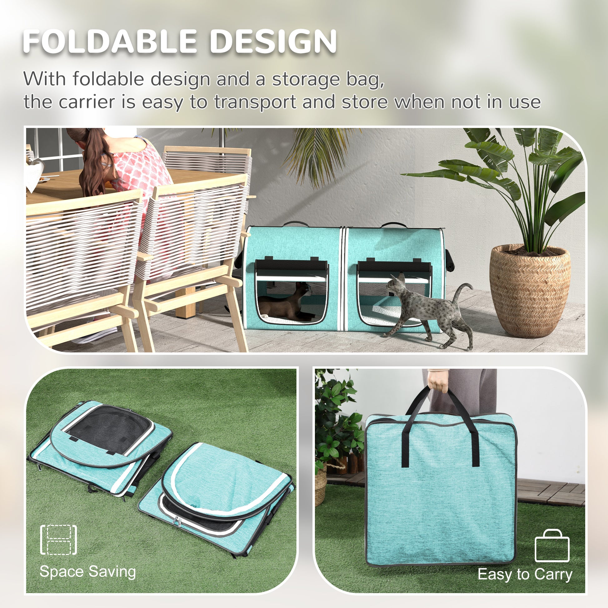 Aqua blue double pet carrier with mesh windows perfect for travel and home