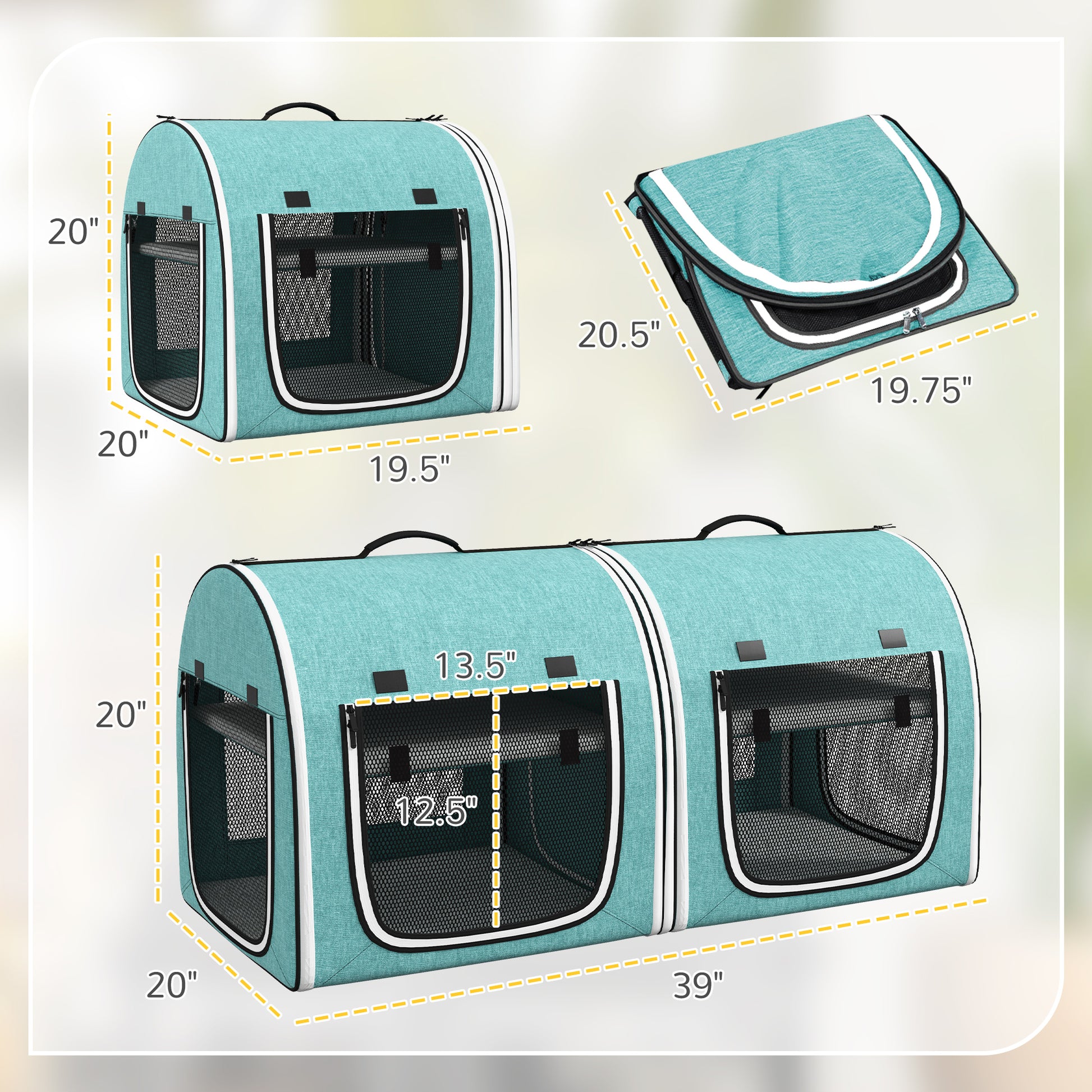 Teal fabric pet carrier xx inches featuring mesh windows and dual compartments for travel
