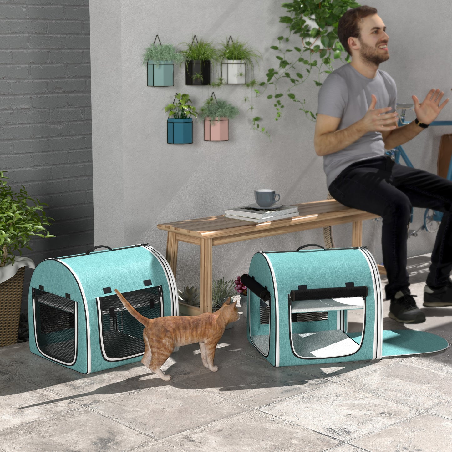 Teal fabric pet carrier with mesh windows ideal for travel