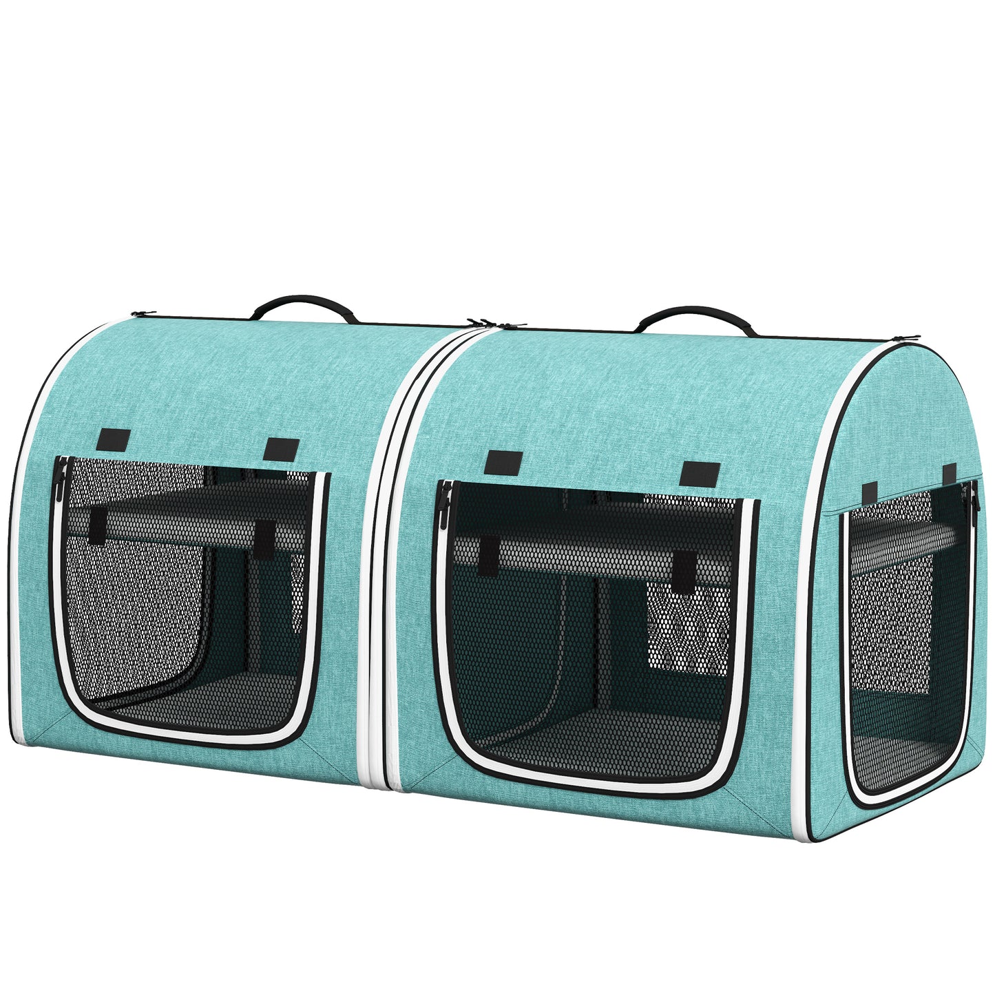 Aqua double pet carrier with mesh windows and padded handles for travel