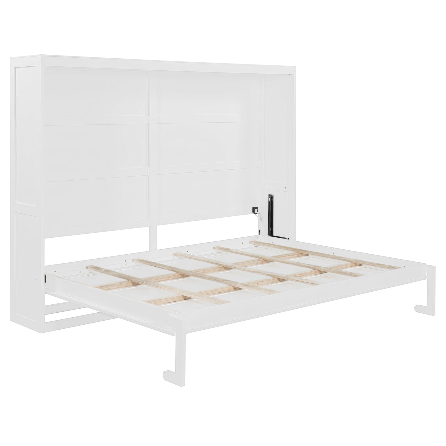 White wooden platform bed frame with storage headboard and lift mechanism