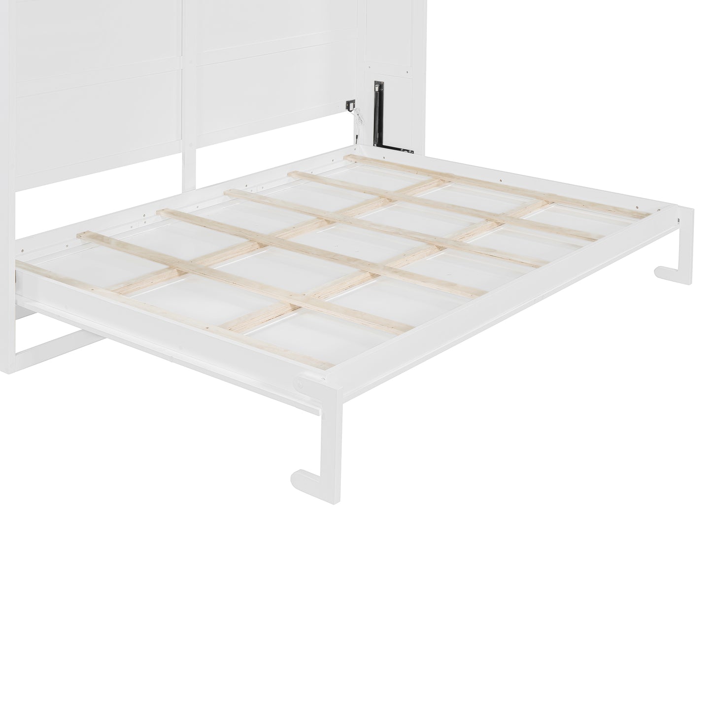 White wood bed frame with slatted support system