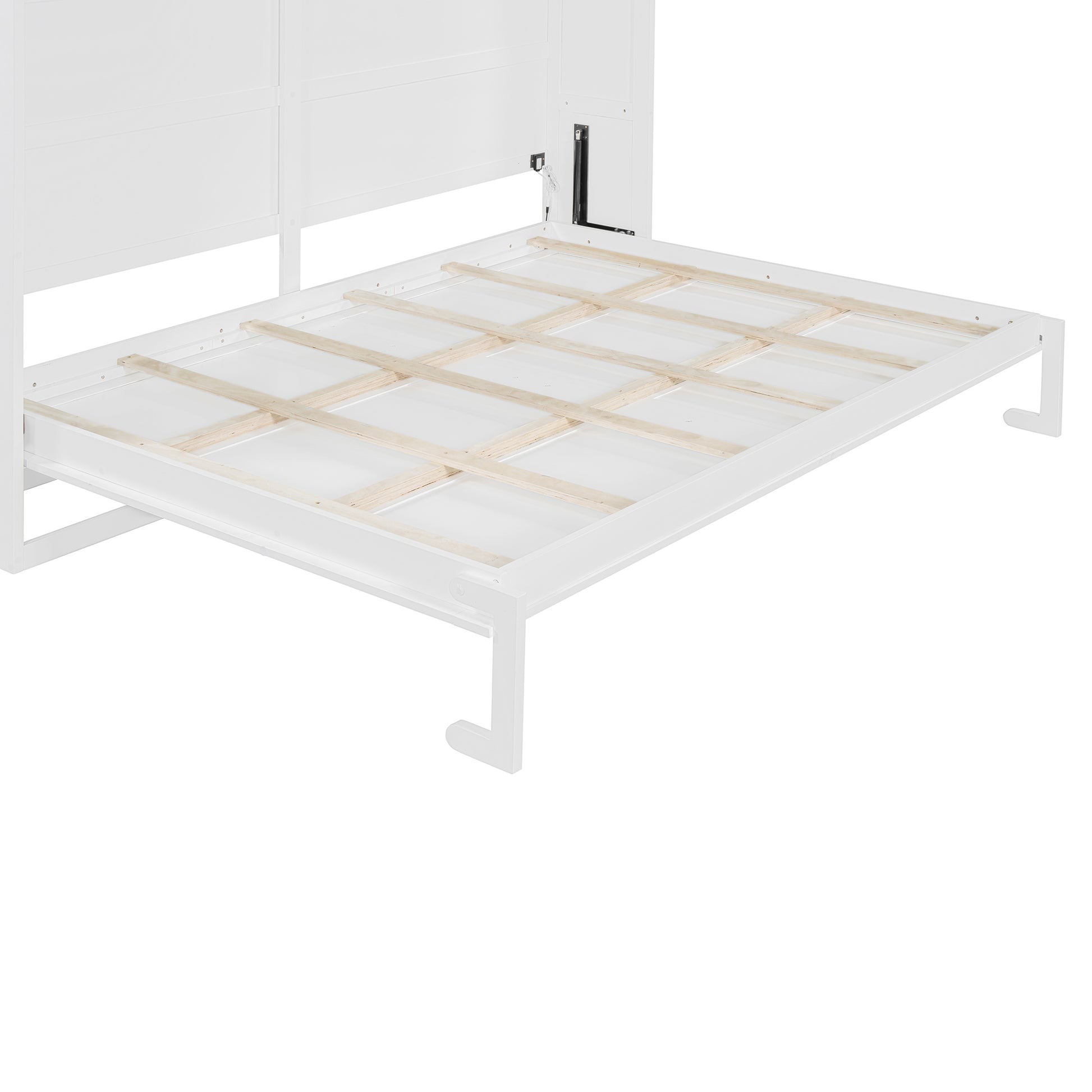 White wood bed frame with slatted support system