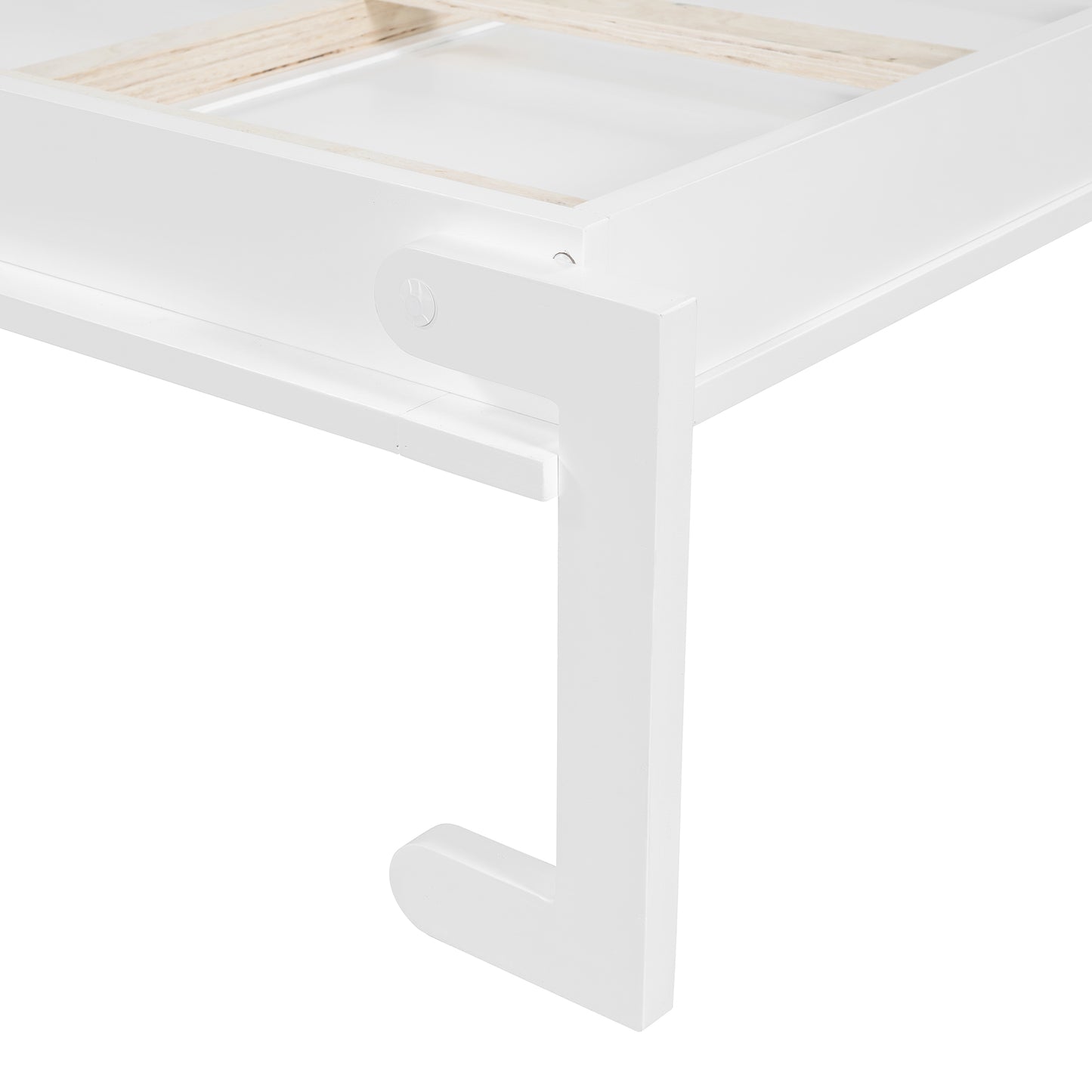 White painted bed frame corner with wooden slats